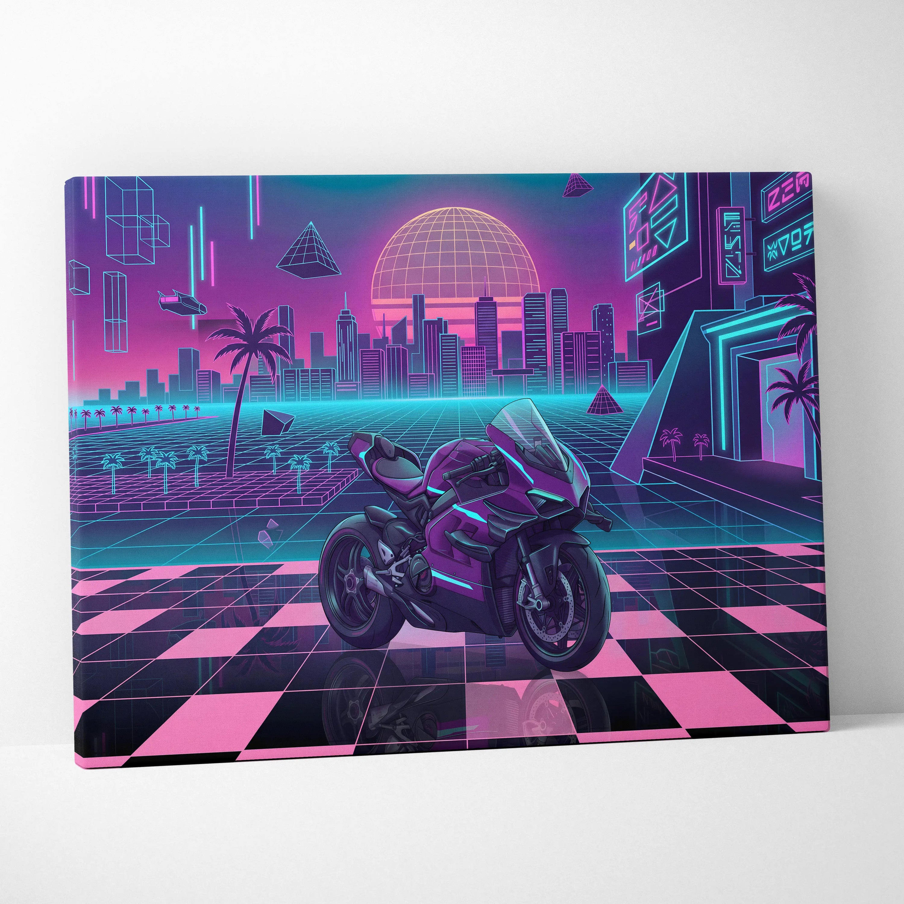 Ducati Panigale V4 Superleggera Inspired Purple Pink Motorcycle Canvas Wall Art Vaporwave Neon City Superbike Artwork for Garage Decor Retro Futuristic Print