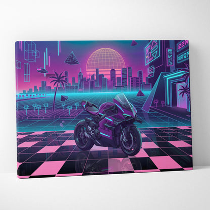 Ducati Panigale V4 Superleggera Inspired Purple Pink Motorcycle Canvas Wall Art Vaporwave Neon City Superbike Artwork for Garage Decor Retro Futuristic Print