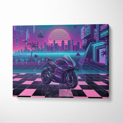 Ducati Panigale V4 Superleggera Inspired Purple Pink Motorcycle Canvas Wall Art Vaporwave Neon City Superbike Artwork for Garage Decor Retro Futuristic Print