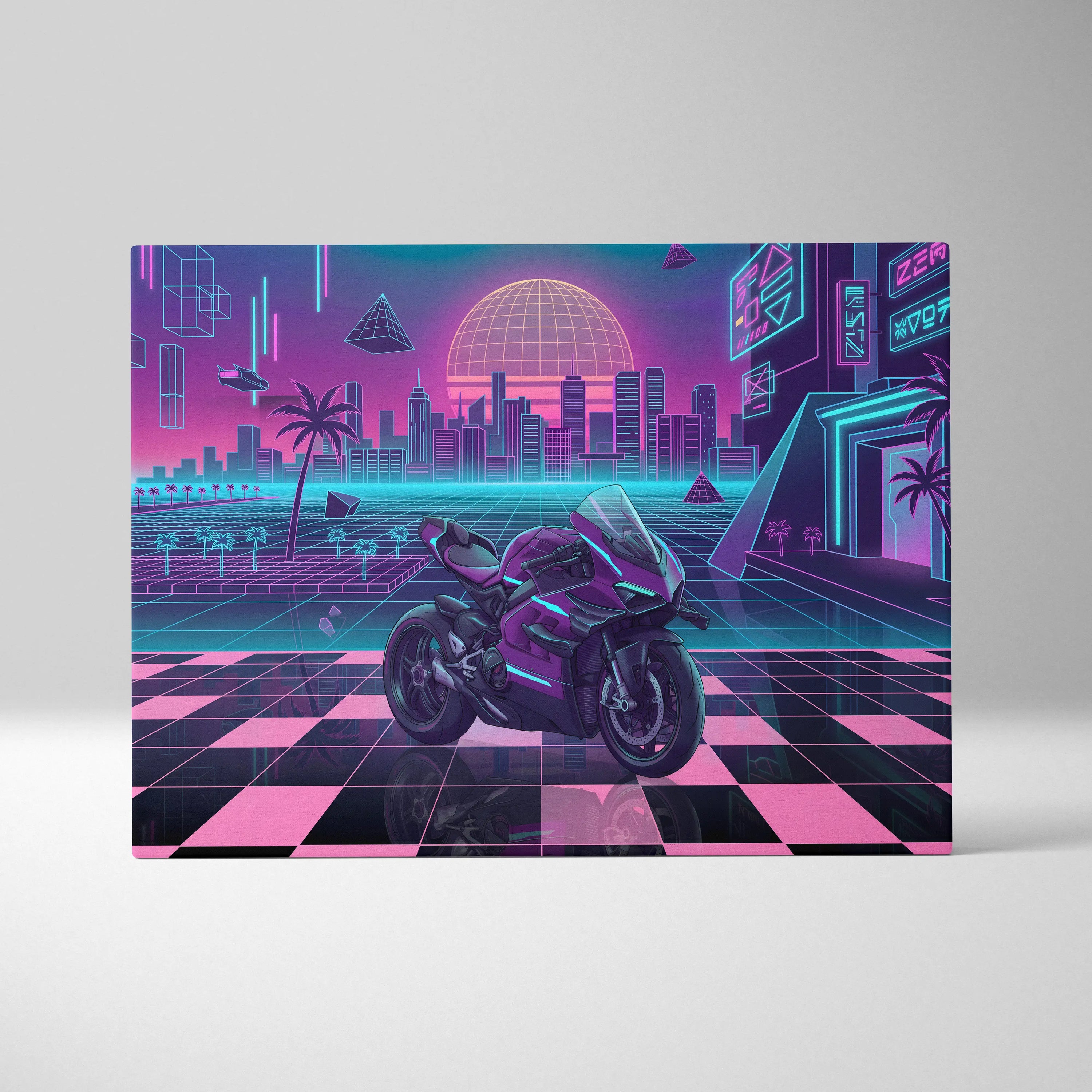 Ducati Panigale V4 Superleggera Inspired Purple Pink Motorcycle Canvas Wall Art Vaporwave Neon City Superbike Artwork for Garage Decor Retro Futuristic Print