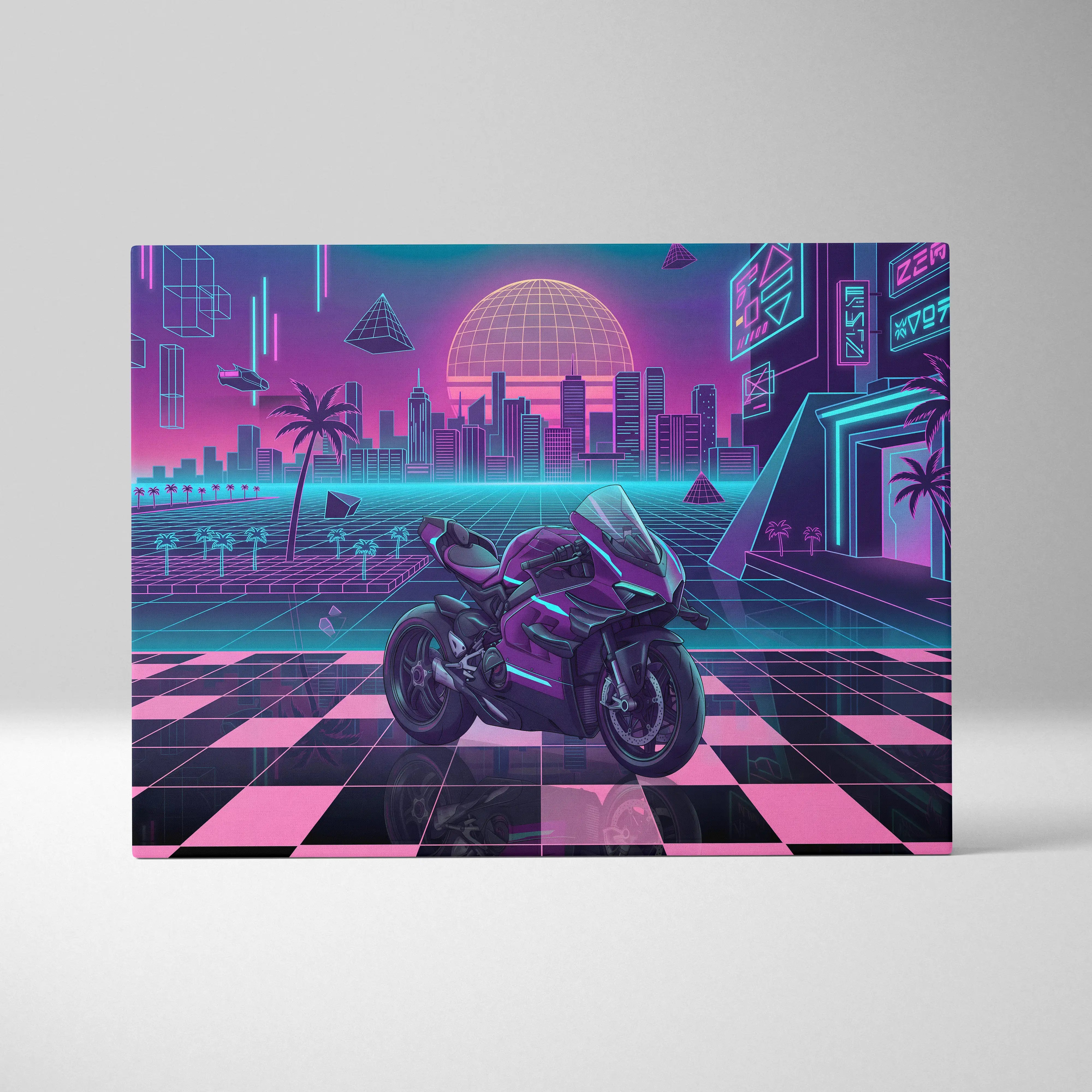 Ducati Panigale V4 Superleggera Inspired Purple Pink Motorcycle Canvas Wall Art Vaporwave Neon City Superbike Artwork for Garage Decor Retro Futuristic Print
