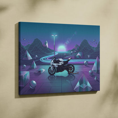 BMW S1000RR Inspired White Blue Motorcycle Canvas Wall Art Vaporwave Neon Sportbike Garage Decor Retro Futuristic Racing Artwork