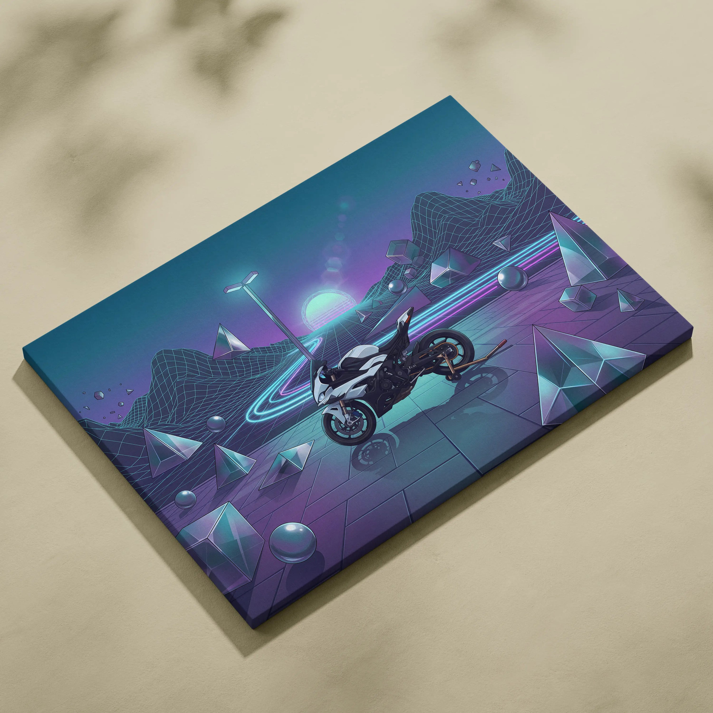 BMW S1000RR Inspired White Blue Motorcycle Canvas Wall Art Vaporwave Neon Sportbike Garage Decor Retro Futuristic Racing Artwork