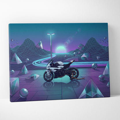 BMW S1000RR Inspired White Blue Motorcycle Canvas Wall Art Vaporwave Neon Sportbike Garage Decor Retro Futuristic Racing Artwork