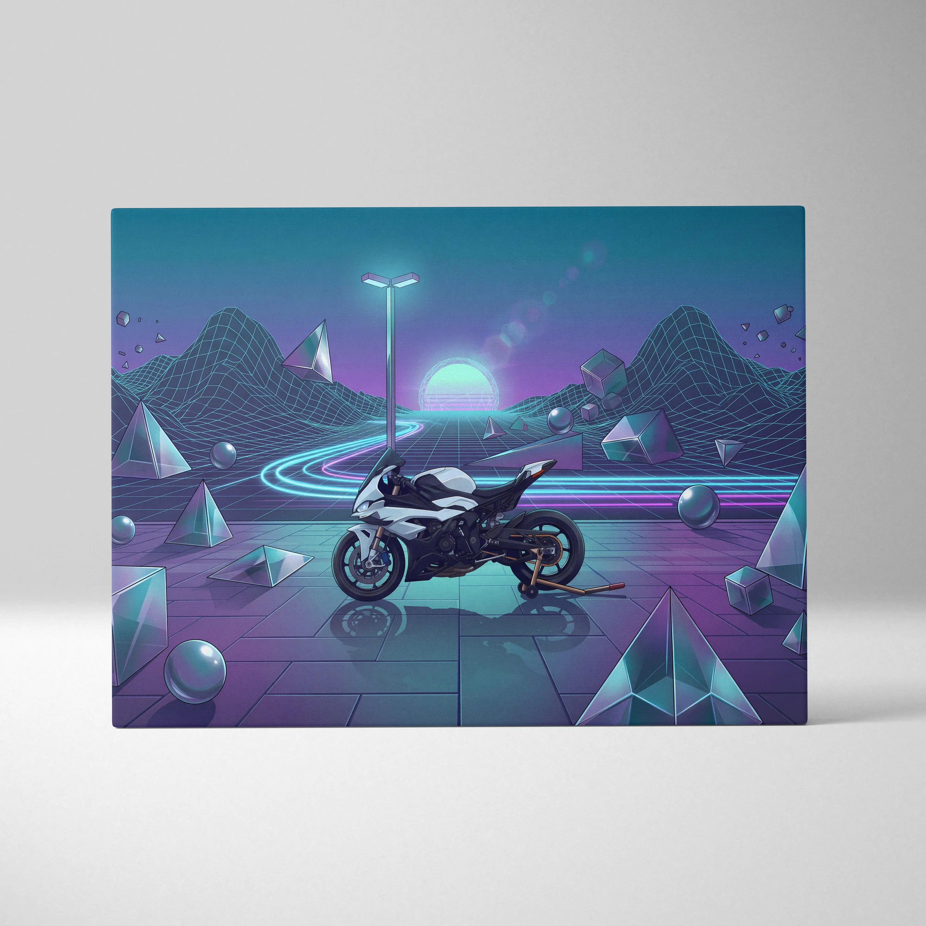 BMW S1000RR Inspired White Blue Motorcycle Canvas Wall Art Vaporwave Neon Sportbike Garage Decor Retro Futuristic Racing Artwork