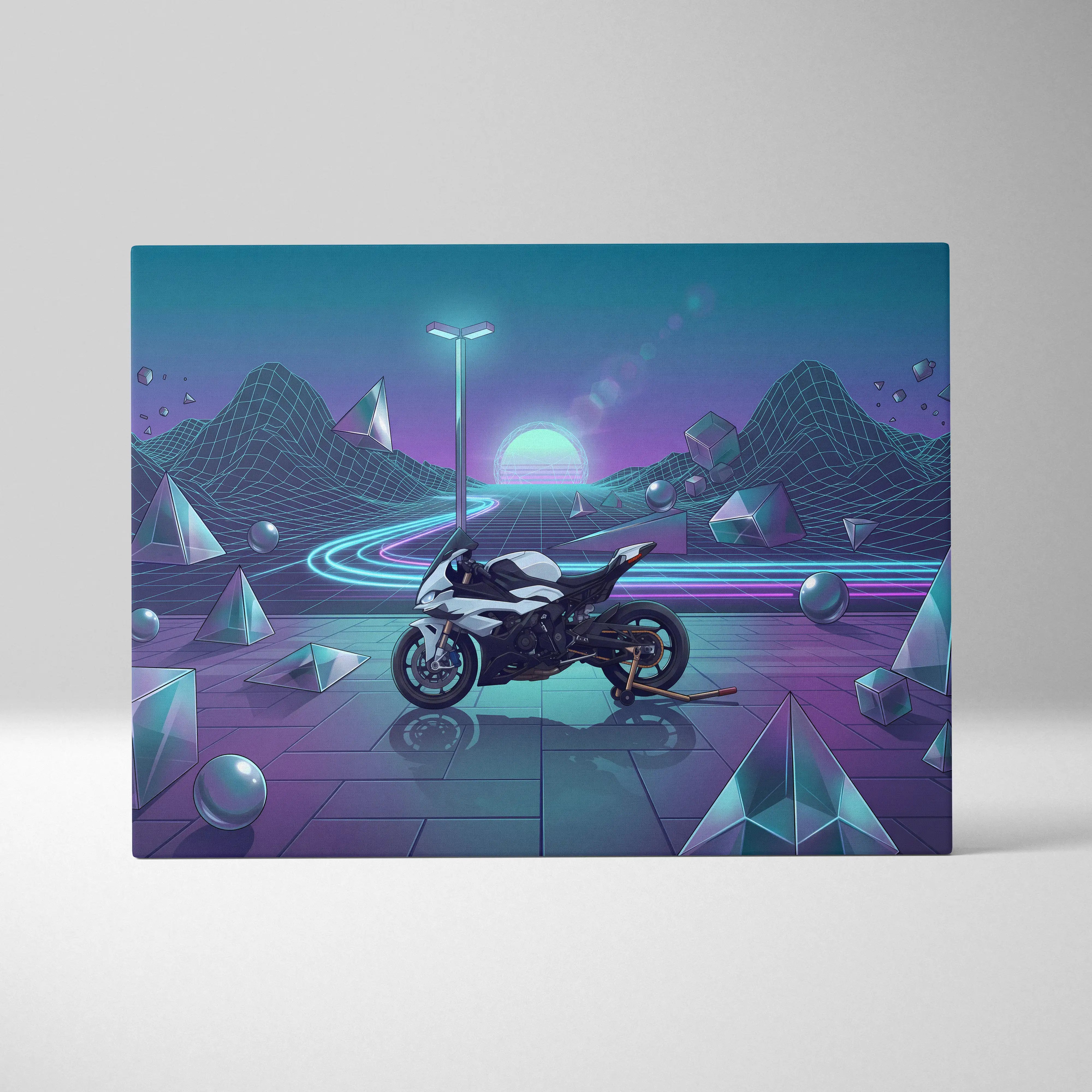 BMW S1000RR Inspired White Blue Motorcycle Canvas Wall Art Vaporwave Neon Sportbike Garage Decor Retro Futuristic Racing Artwork