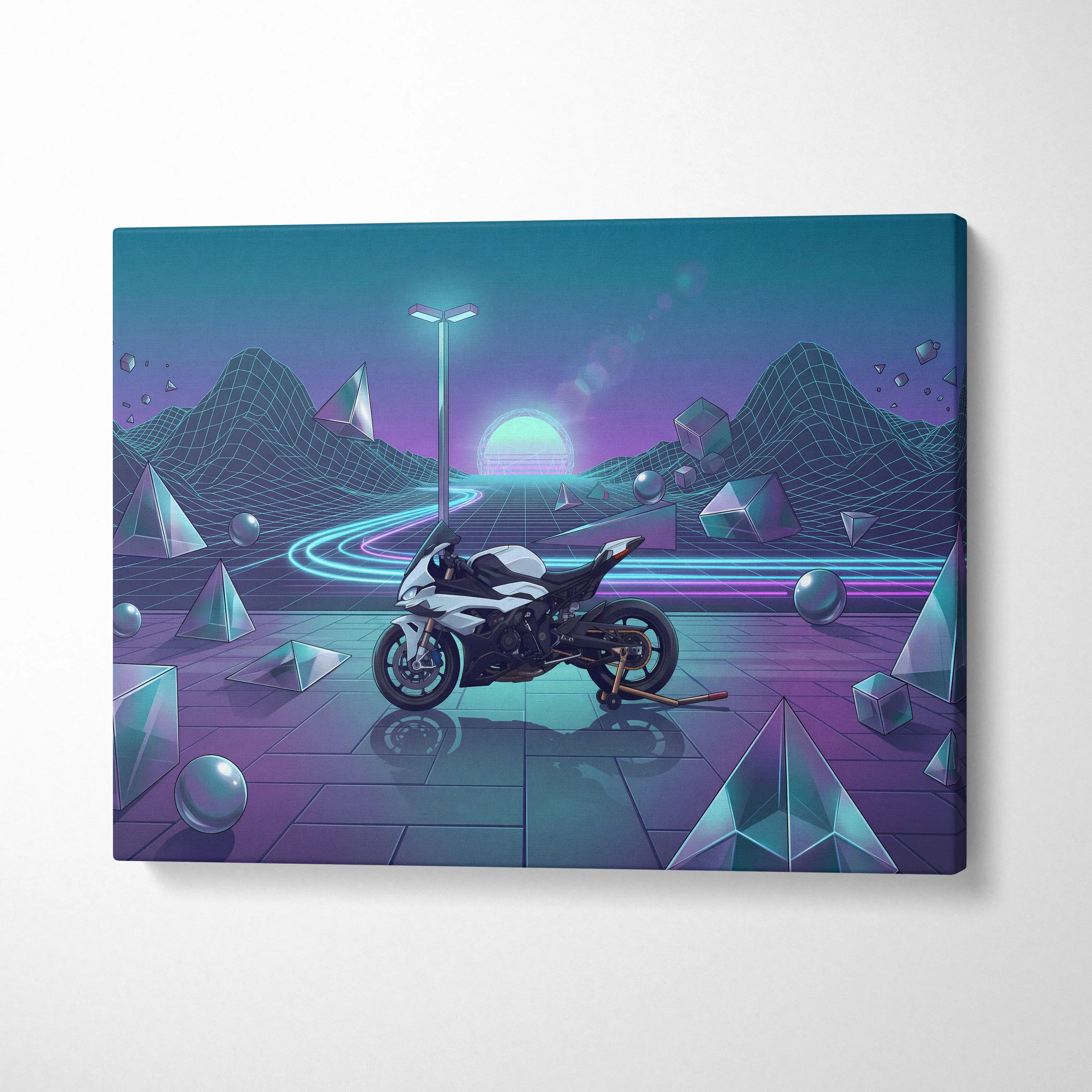 BMW S1000RR Inspired White Blue Motorcycle Canvas Wall Art Vaporwave Neon Sportbike Garage Decor Retro Futuristic Racing Artwork