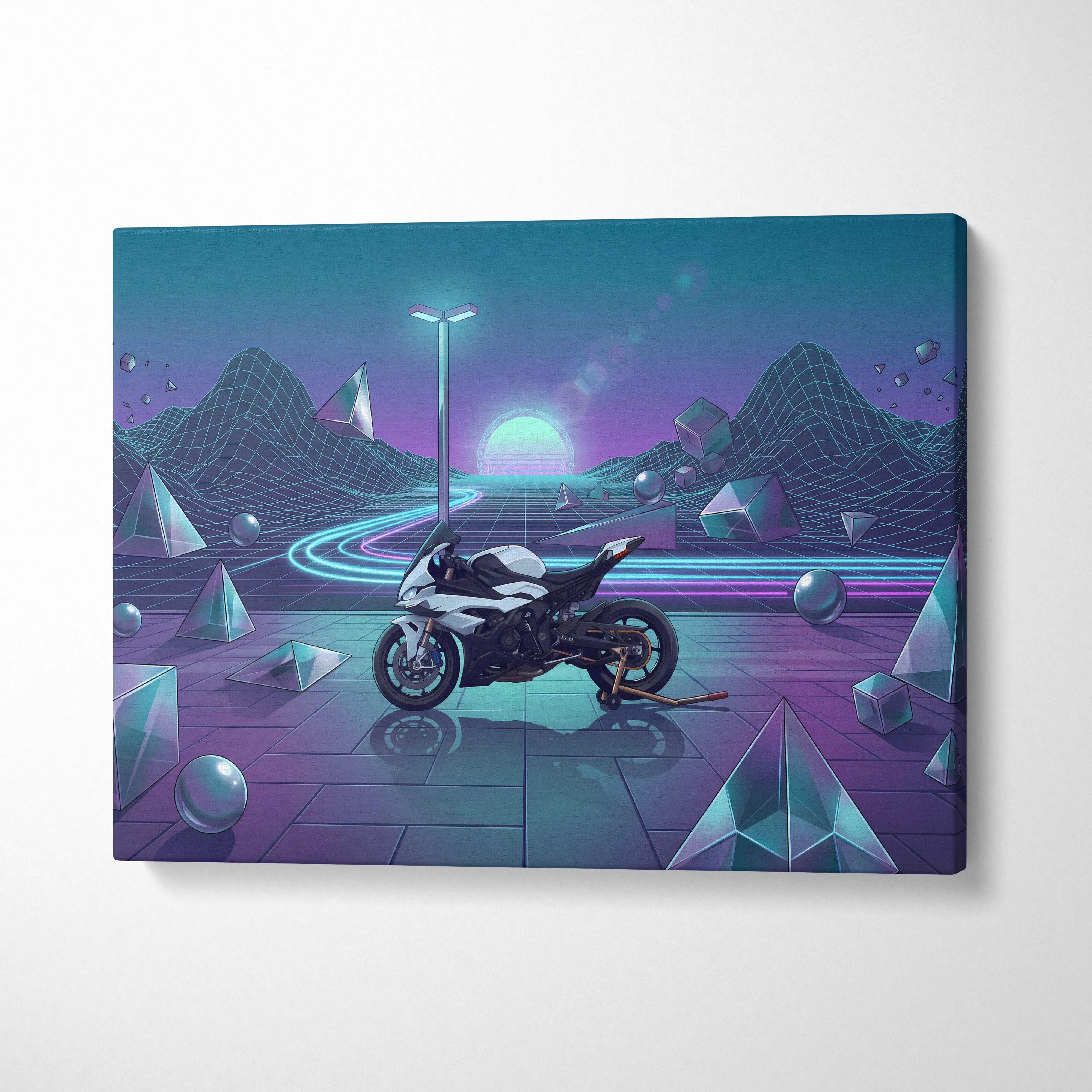 BMW S1000RR Inspired White Blue Motorcycle Canvas Wall Art Vaporwave Neon Sportbike Garage Decor Retro Futuristic Racing Artwork