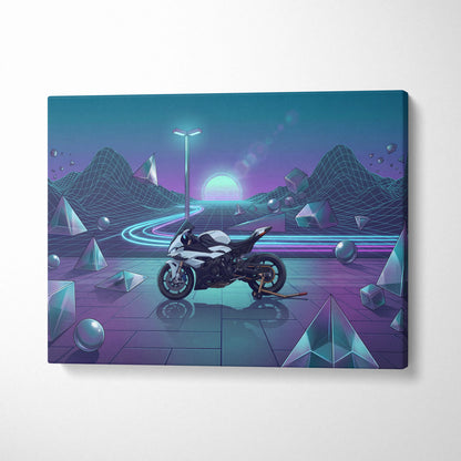 BMW S1000RR Inspired White Blue Motorcycle Canvas Wall Art Vaporwave Neon Sportbike Garage Decor Retro Futuristic Racing Artwork