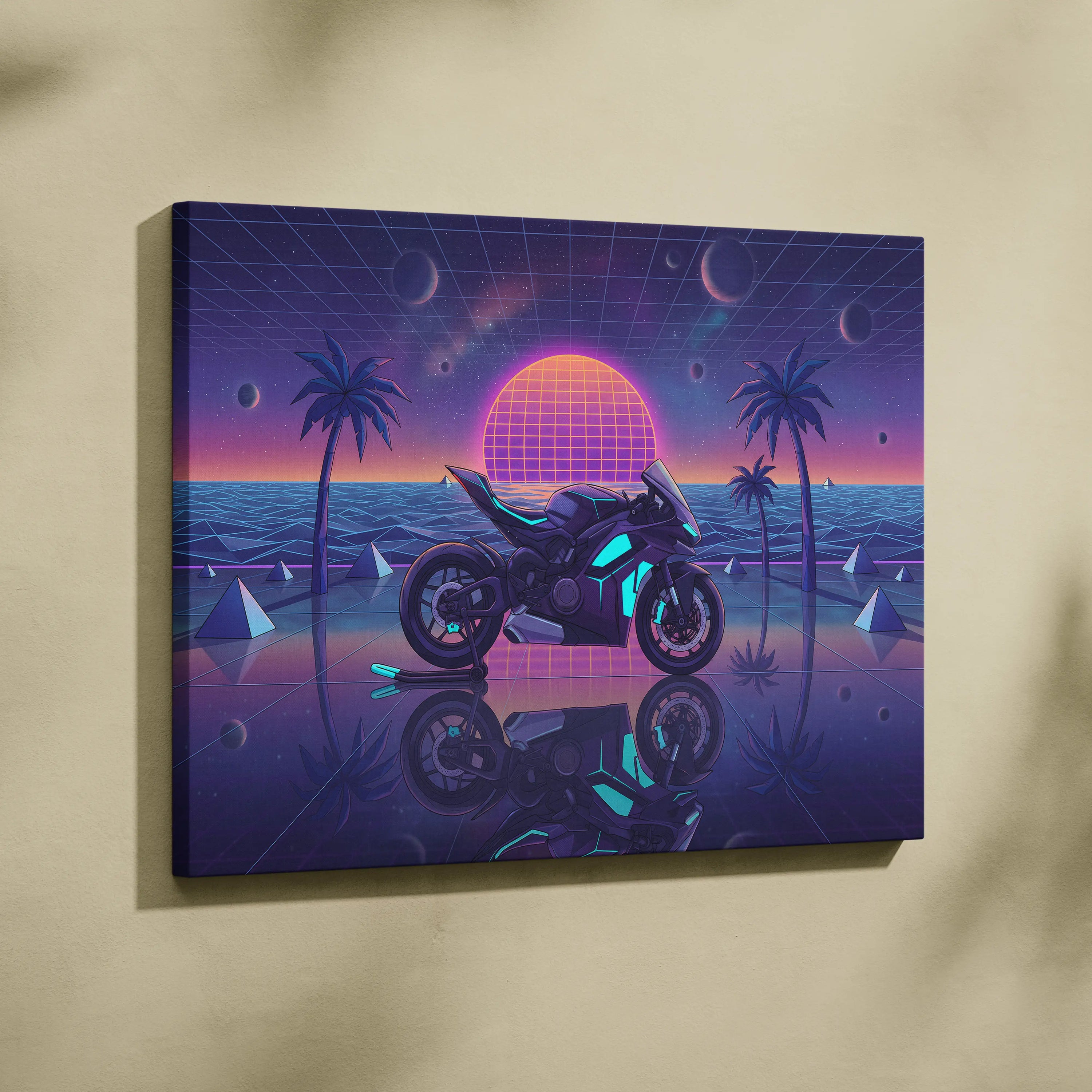 Ducati Panigale V4 Inspired Purple Blue Motorcycle Canvas Wall Art Vaporwave Neon Sunset Sportbike Artwork for Garage Decor Retro Futuristic Print