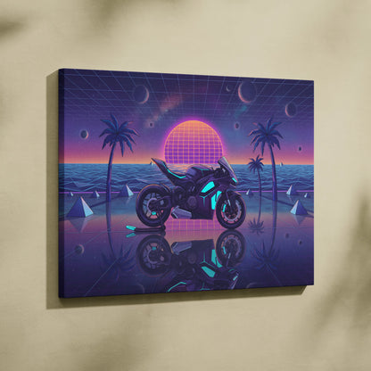 Ducati Panigale V4 Inspired Purple Blue Motorcycle Canvas Wall Art Vaporwave Neon Sunset Sportbike Artwork for Garage Decor Retro Futuristic Print