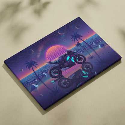 Ducati Panigale V4 Inspired Purple Blue Motorcycle Canvas Wall Art Vaporwave Neon Sunset Sportbike Artwork for Garage Decor Retro Futuristic Print