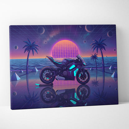 Ducati Panigale V4 Inspired Purple Blue Motorcycle Canvas Wall Art Vaporwave Neon Sunset Sportbike Artwork for Garage Decor Retro Futuristic Print