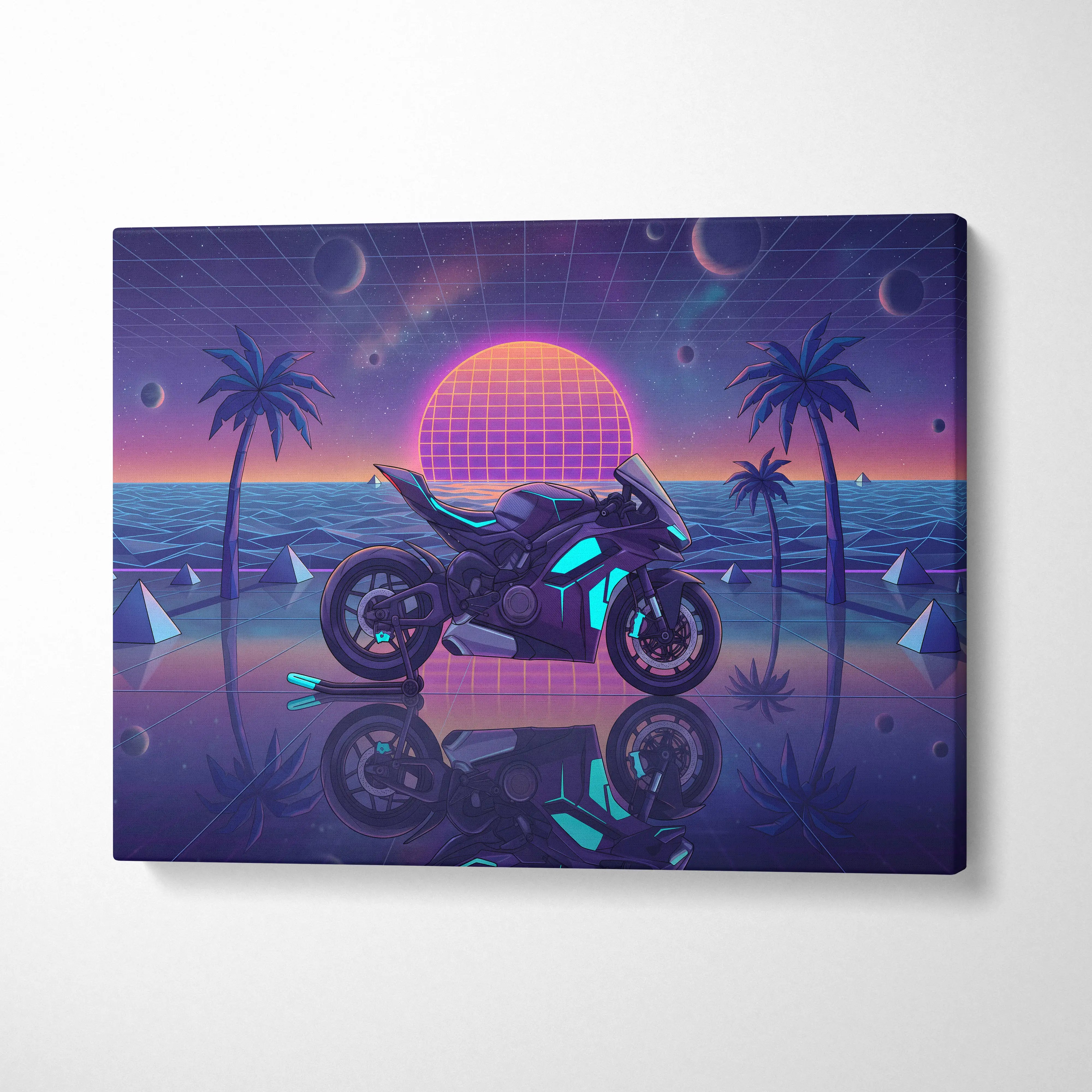 Ducati Panigale V4 Inspired Purple Blue Motorcycle Canvas Wall Art Vaporwave Neon Sunset Sportbike Artwork for Garage Decor Retro Futuristic Print