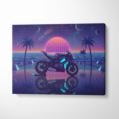 Ducati Panigale V4 Inspired Purple Blue Motorcycle Canvas Wall Art Vaporwave Neon Sunset Sportbike Artwork for Garage Decor Retro Futuristic Print