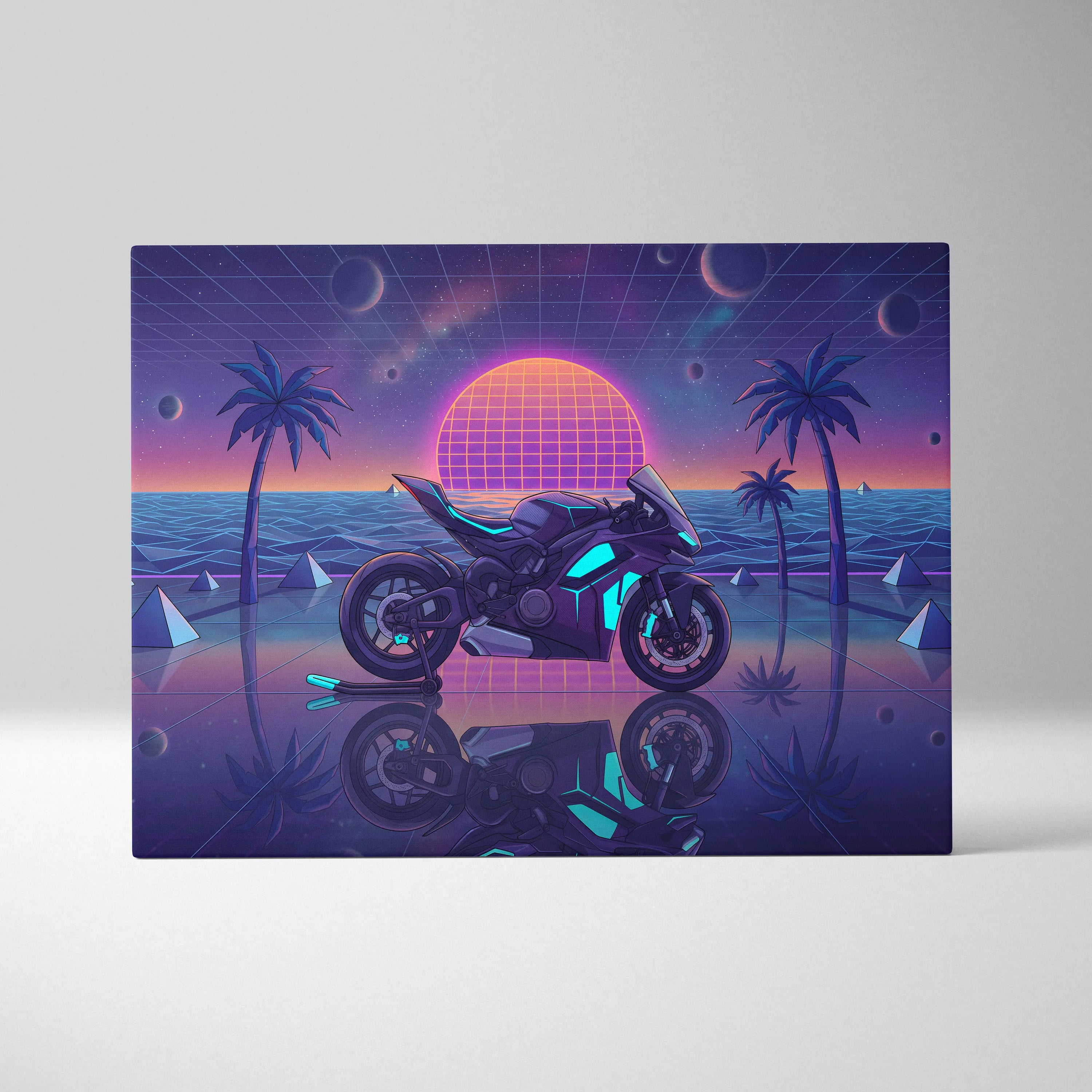 Ducati Panigale V4 Inspired Purple Blue Motorcycle Canvas Wall Art Vaporwave Neon Sunset Sportbike Artwork for Garage Decor Retro Futuristic Print