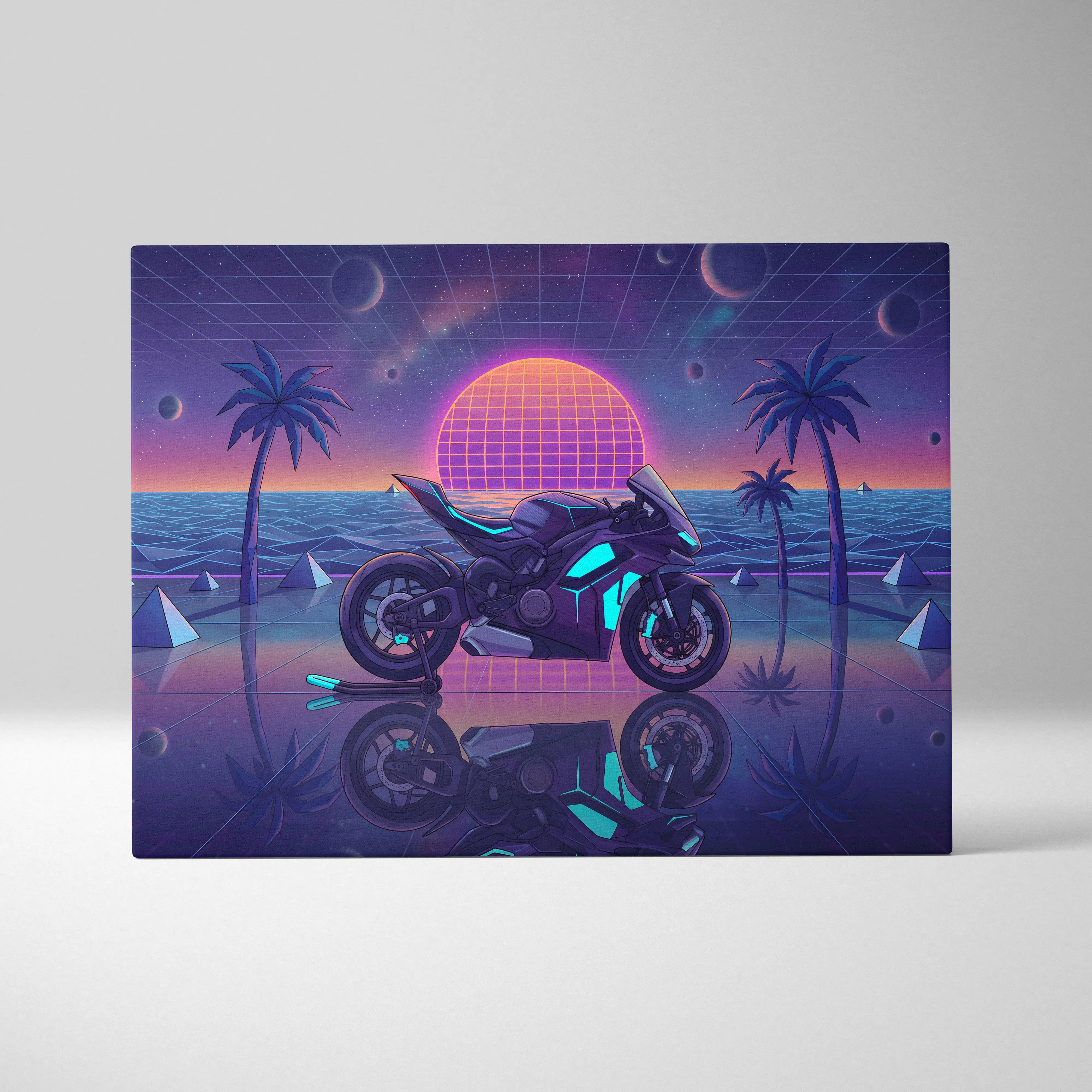 Ducati Panigale V4 Inspired Purple Blue Motorcycle Canvas Wall Art Vaporwave Neon Sunset Sportbike Artwork for Garage Decor Retro Futuristic Print
