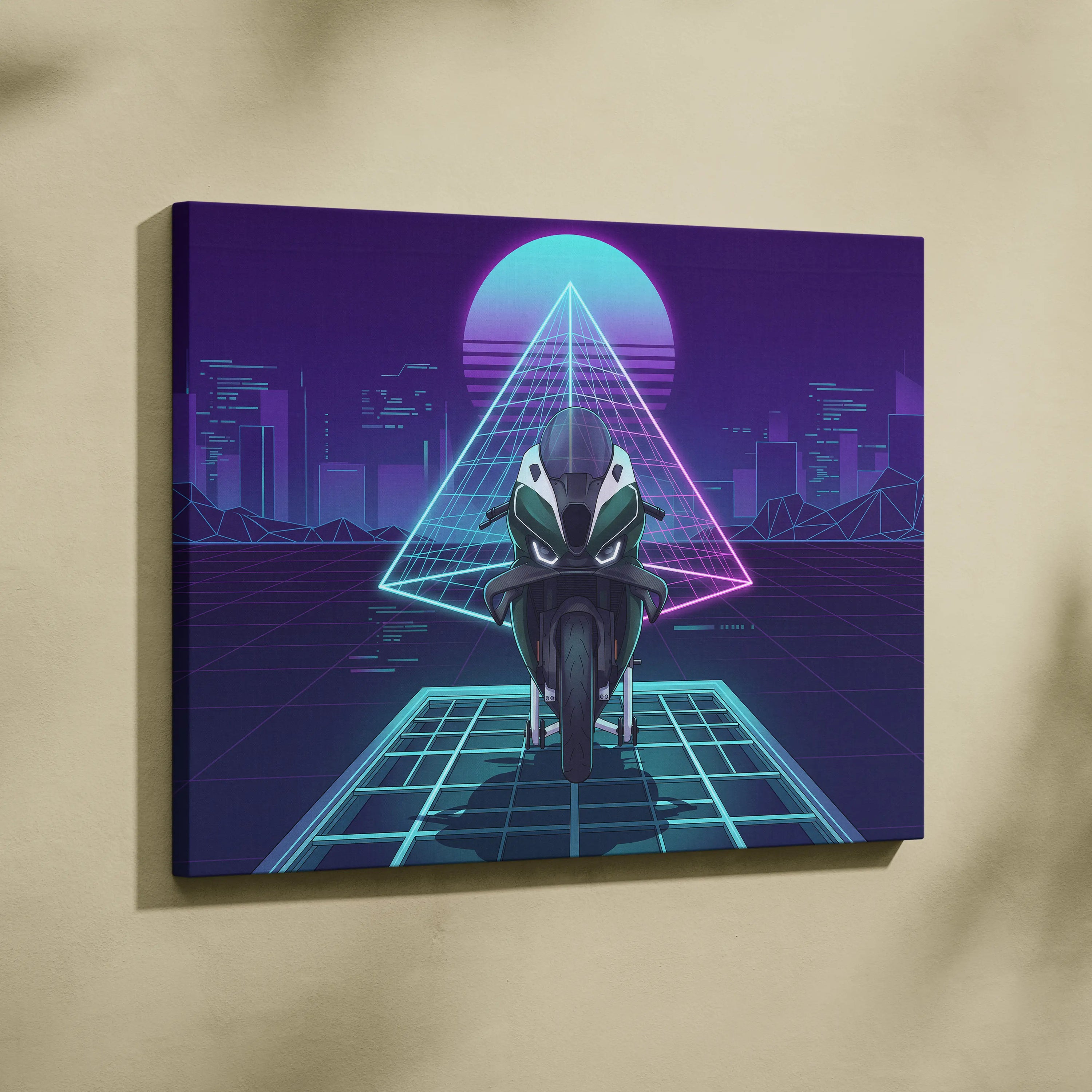 BMW M1000RR Inspired Green Teal Vaporwave Motorcycle Canvas Wall Art Neon Pyramid Sportbike Artwork Cyberpunk Garage Decor