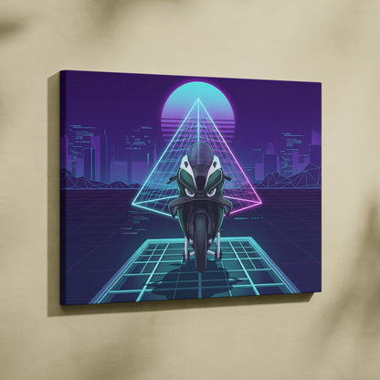 BMW M1000RR Inspired Green Teal Vaporwave Motorcycle Canvas Wall Art Neon Pyramid Sportbike Artwork Cyberpunk Garage Decor