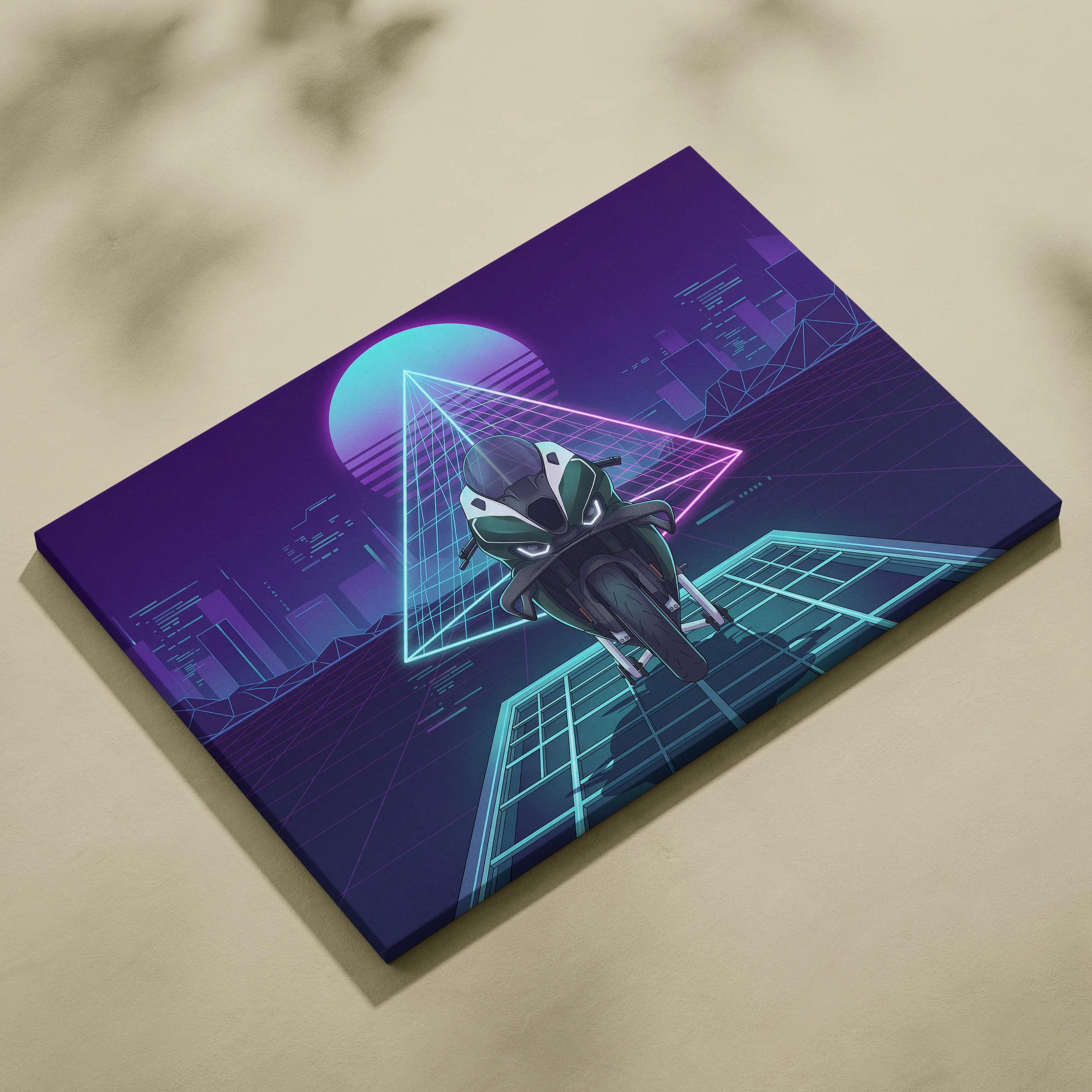 BMW M1000RR Inspired Green Teal Vaporwave Motorcycle Canvas Wall Art Neon Pyramid Sportbike Artwork Cyberpunk Garage Decor