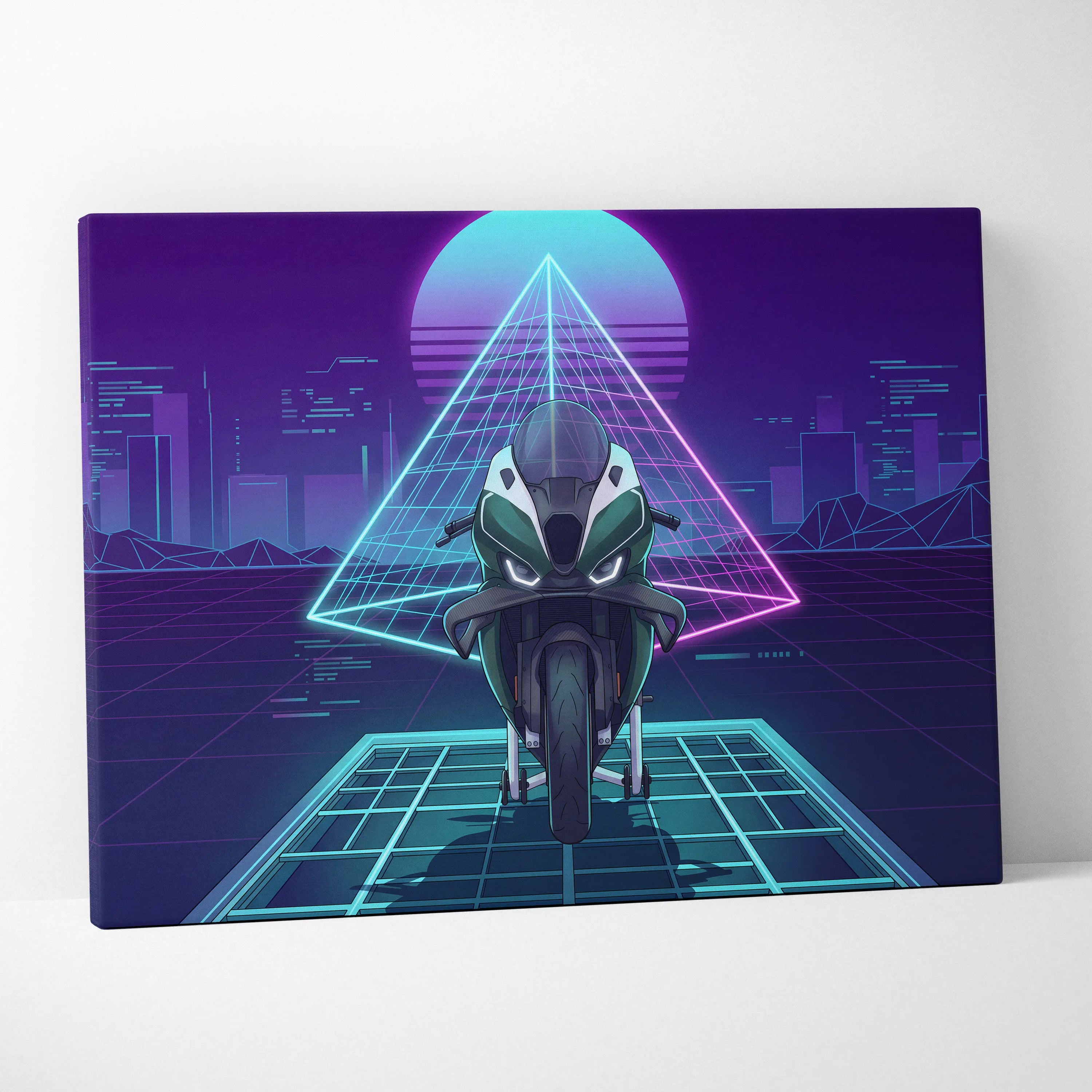 BMW M1000RR Inspired Green Teal Vaporwave Motorcycle Canvas Wall Art Neon Pyramid Sportbike Artwork Cyberpunk Garage Decor