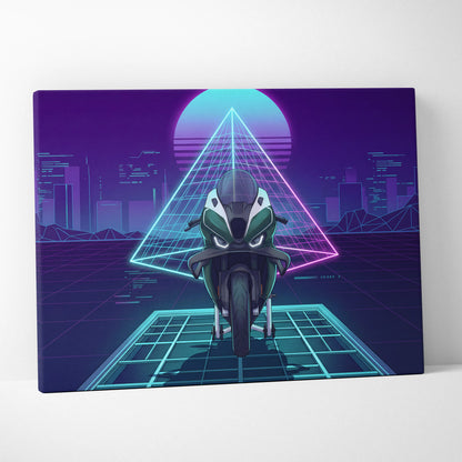 BMW M1000RR Inspired Green Teal Vaporwave Motorcycle Canvas Wall Art Neon Pyramid Sportbike Artwork Cyberpunk Garage Decor