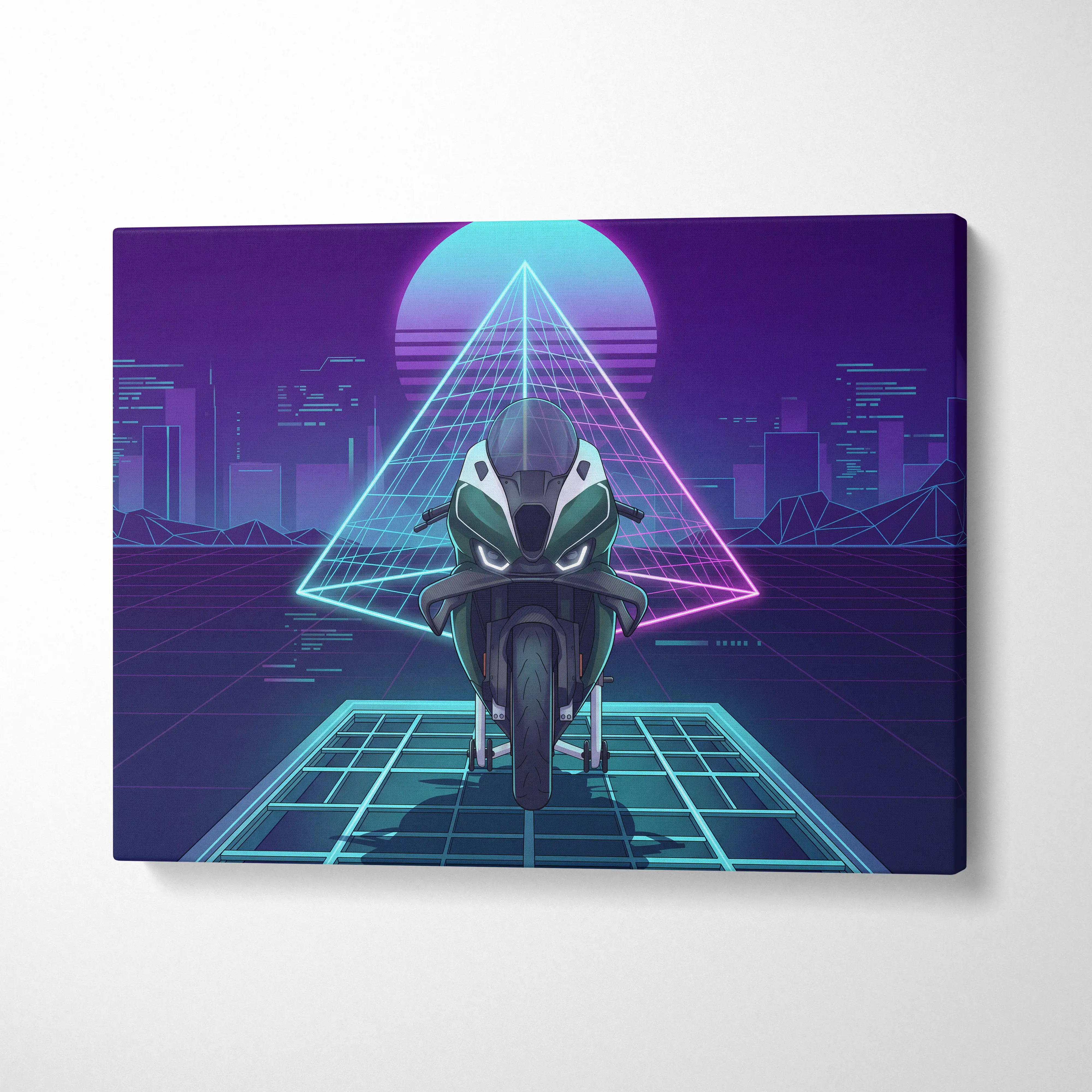 BMW M1000RR Inspired Green Teal Vaporwave Motorcycle Canvas Wall Art Neon Pyramid Sportbike Artwork Cyberpunk Garage Decor