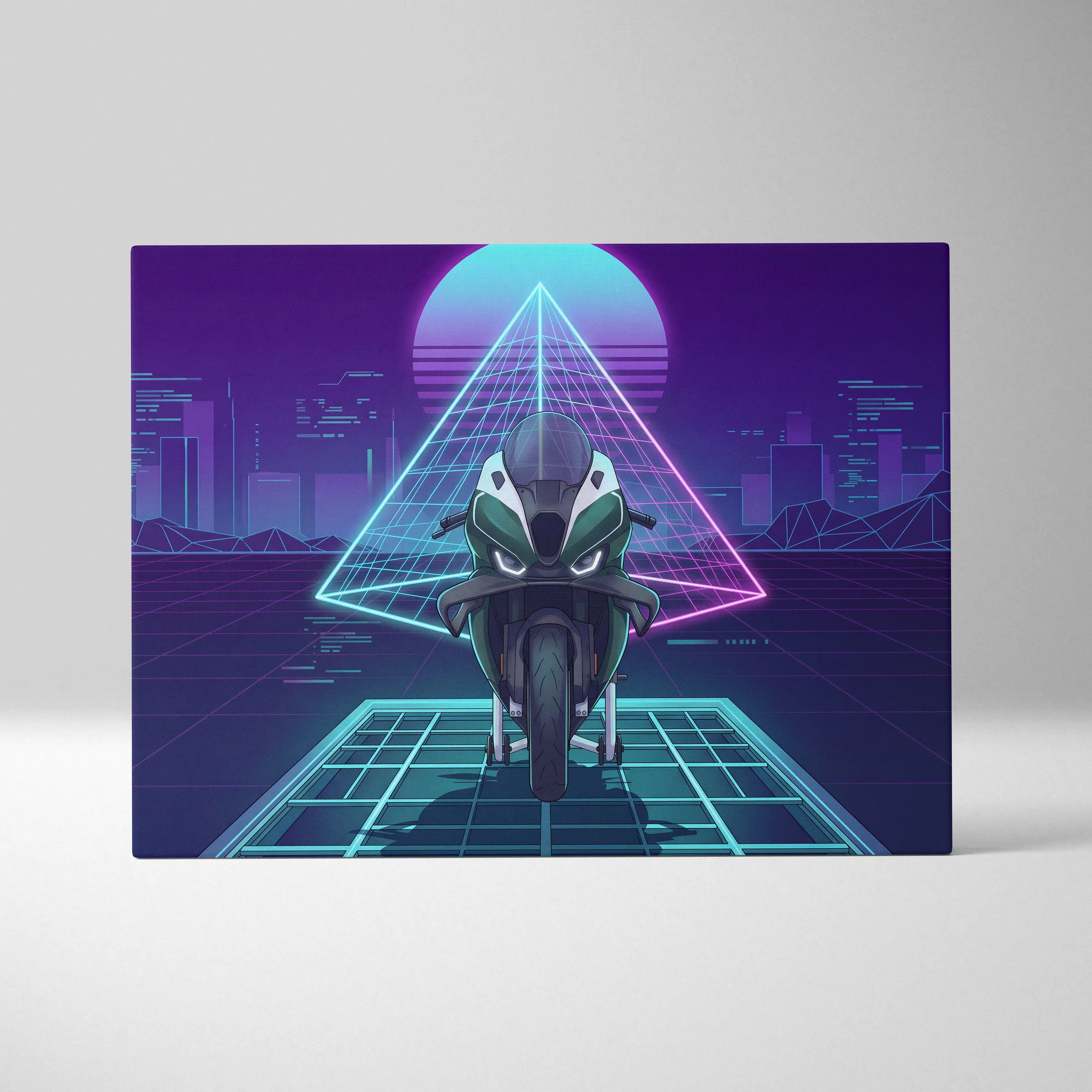 BMW M1000RR Inspired Green Teal Vaporwave Motorcycle Canvas Wall Art Neon Pyramid Sportbike Artwork Cyberpunk Garage Decor