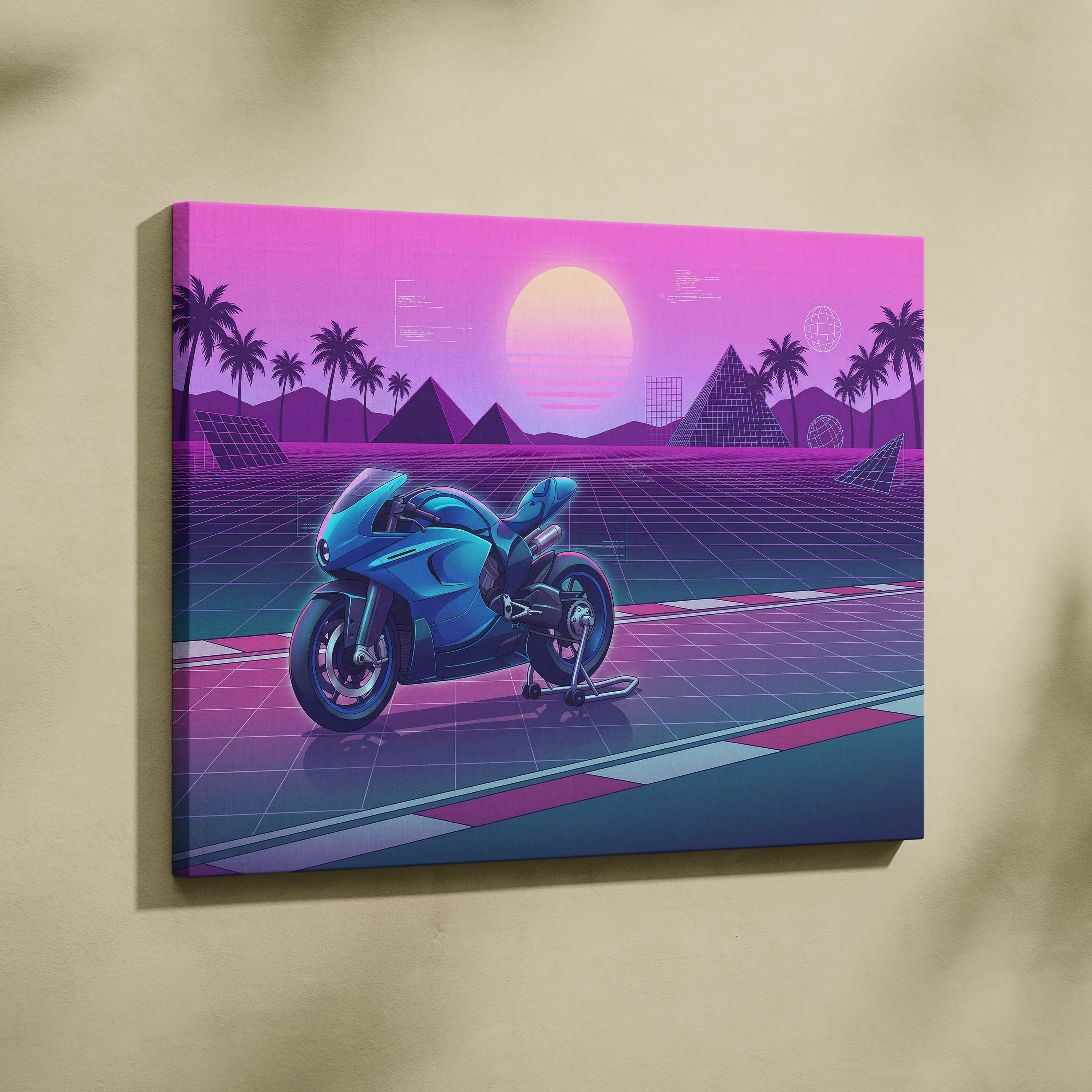 Ducati 916 Inspired Blue Pink Motorcycle Canvas Wall Art Vaporwave Neon Grid Sportbike Artwork for Garage Decor Retro Futuristic Print