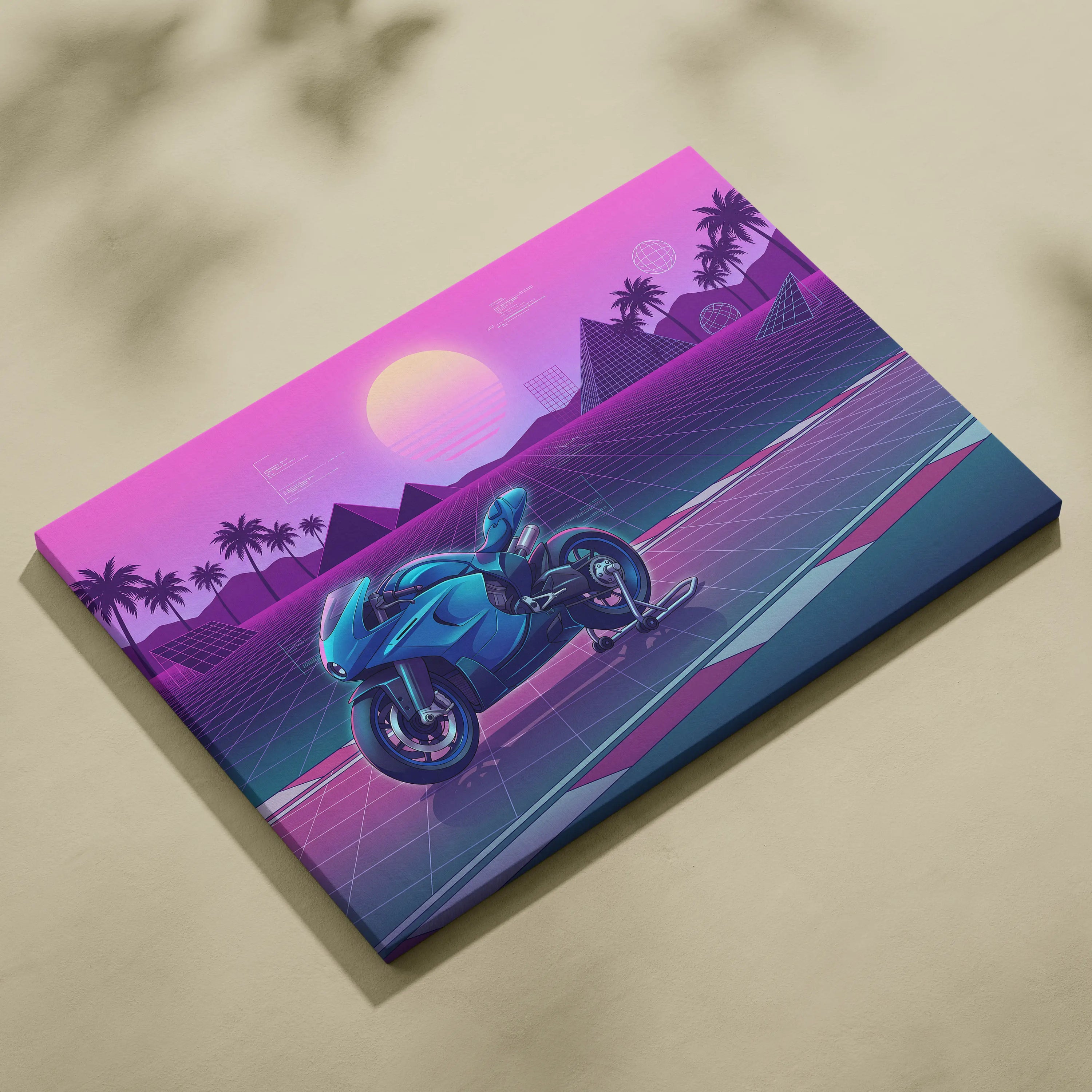 Ducati 916 Inspired Blue Pink Motorcycle Canvas Wall Art Vaporwave Neon Grid Sportbike Artwork for Garage Decor Retro Futuristic Print