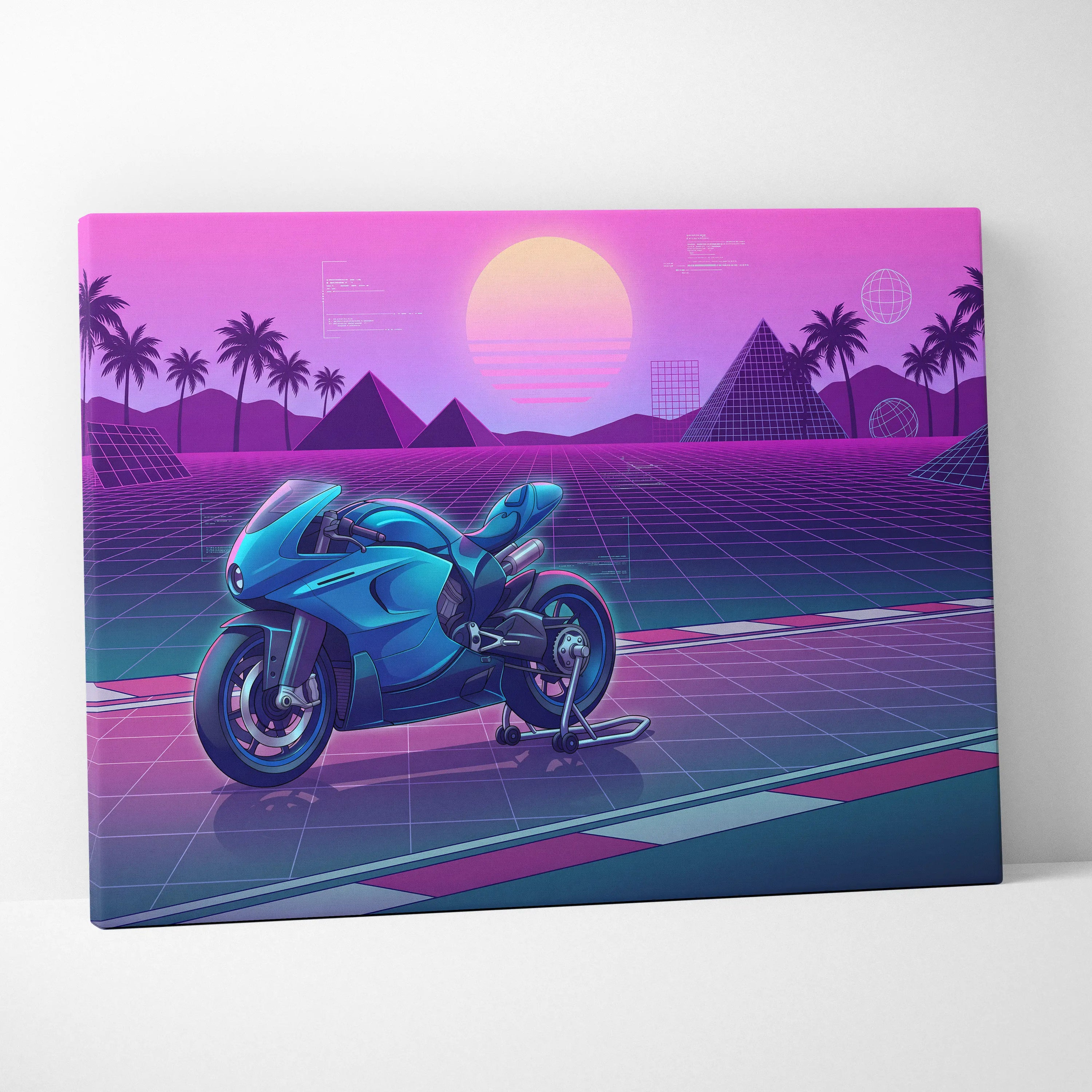 Ducati 916 Inspired Blue Pink Motorcycle Canvas Wall Art Vaporwave Neon Grid Sportbike Artwork for Garage Decor Retro Futuristic Print