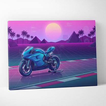 Ducati 916 Inspired Blue Pink Motorcycle Canvas Wall Art Vaporwave Neon Grid Sportbike Artwork for Garage Decor Retro Futuristic Print