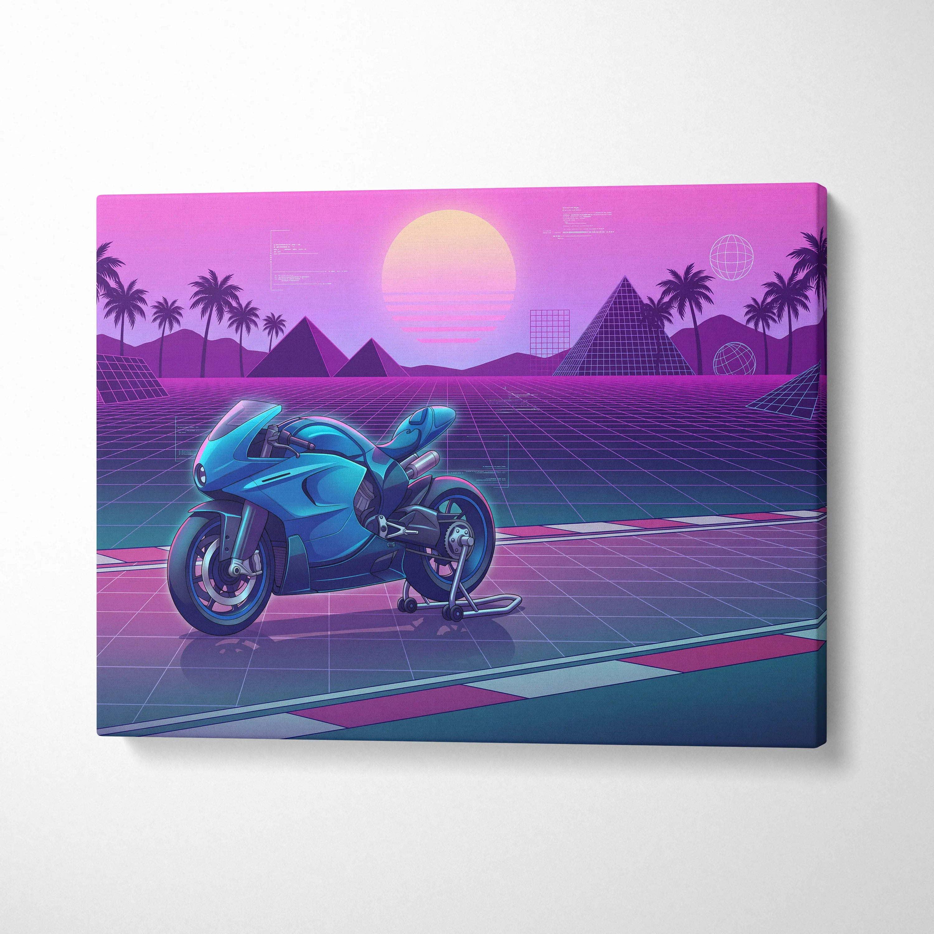 Ducati 916 Inspired Blue Pink Motorcycle Canvas Wall Art Vaporwave Neon Grid Sportbike Artwork for Garage Decor Retro Futuristic Print