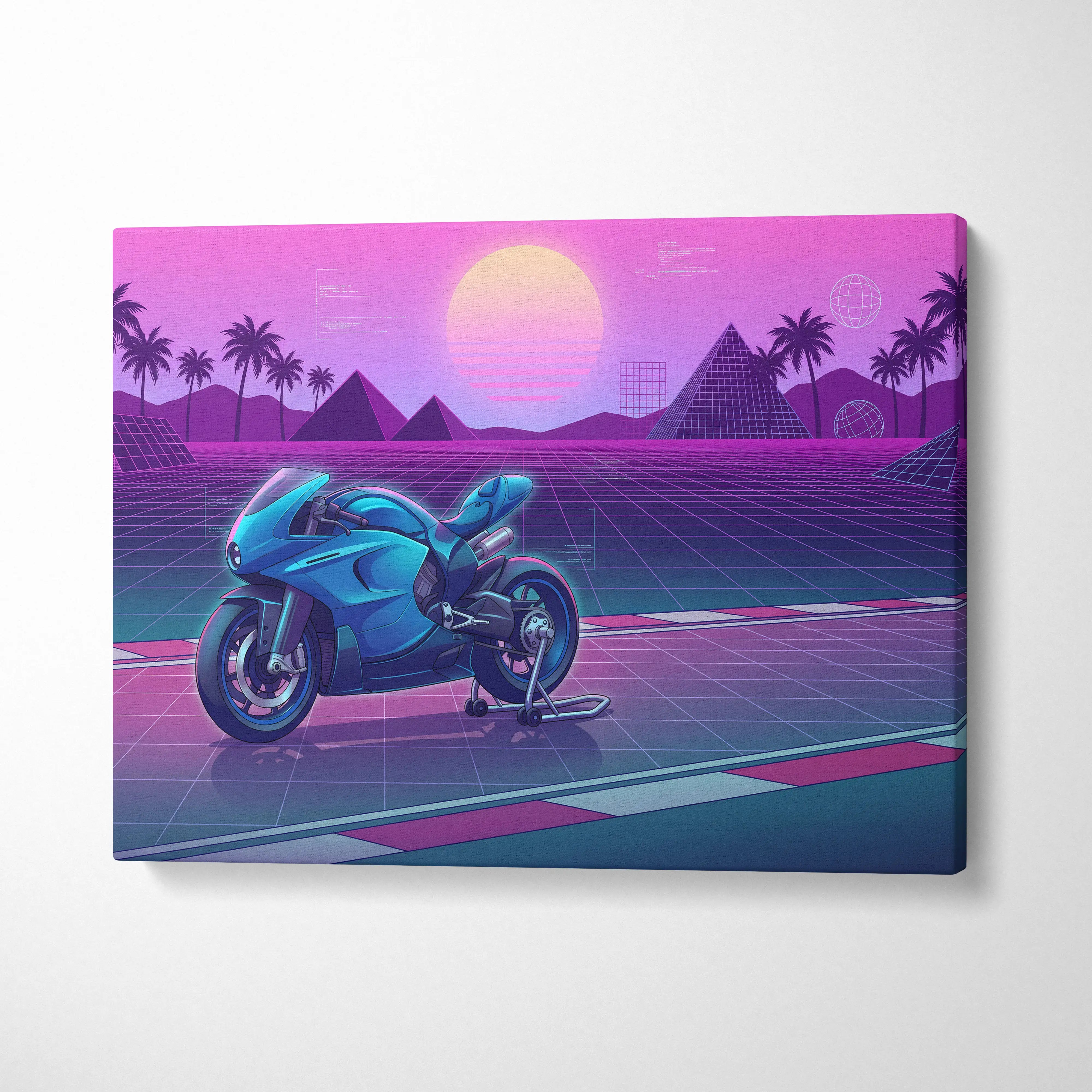 Ducati 916 Inspired Blue Pink Motorcycle Canvas Wall Art Vaporwave Neon Grid Sportbike Artwork for Garage Decor Retro Futuristic Print