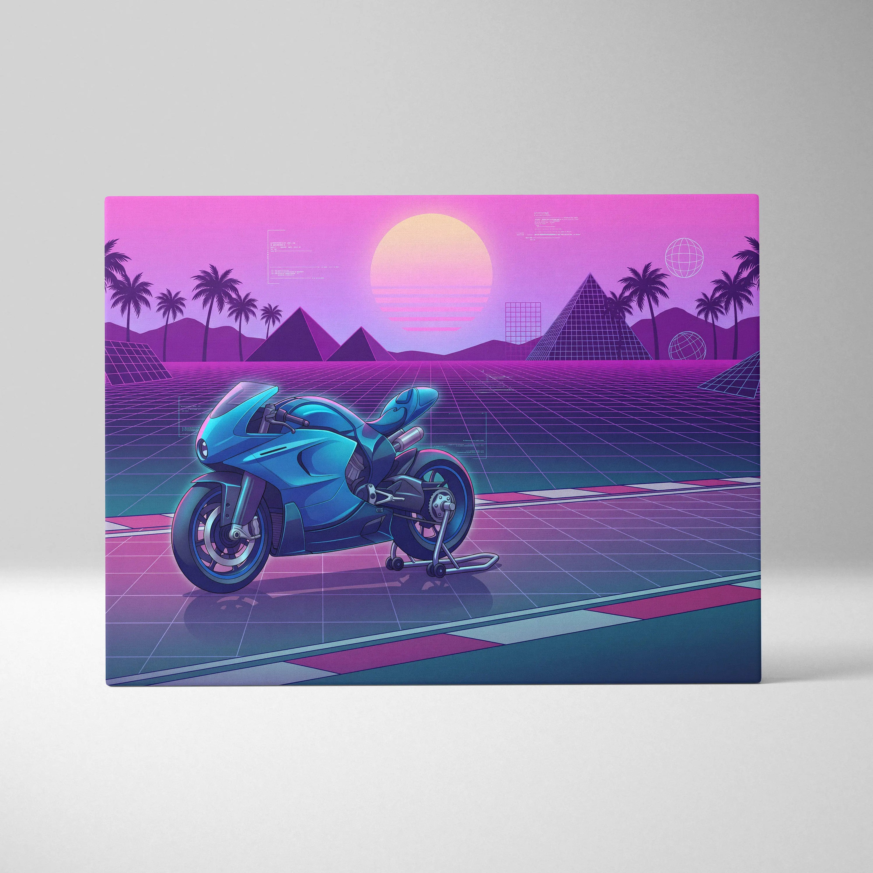 Ducati 916 Inspired Blue Pink Motorcycle Canvas Wall Art Vaporwave Neon Grid Sportbike Artwork for Garage Decor Retro Futuristic Print