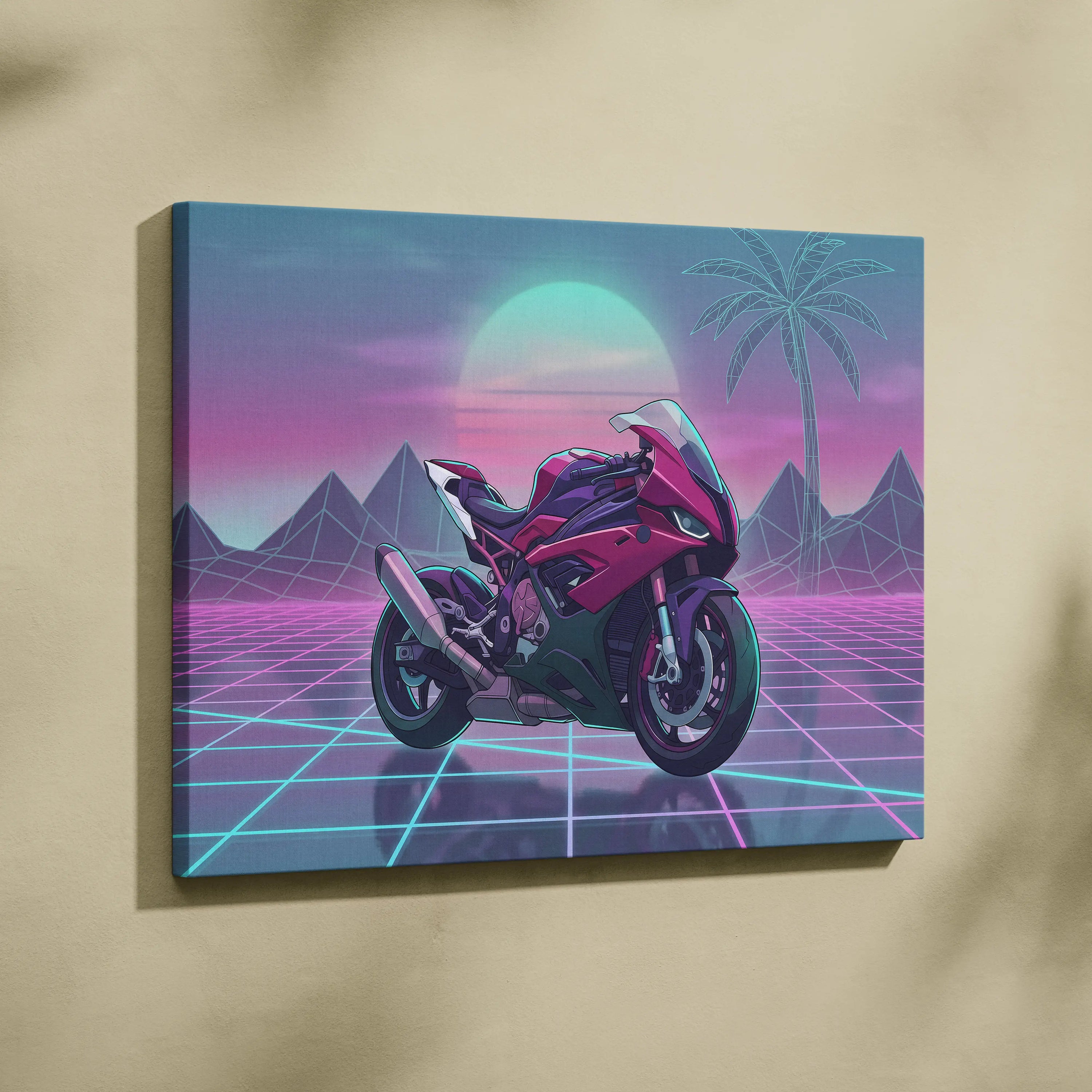 BMW S1000RR Inspired Pink Teal Motorcycle Canvas Wall Art Vaporwave Neon Grid Sportbike Artwork for Garage Decor Retro Futuristic Print