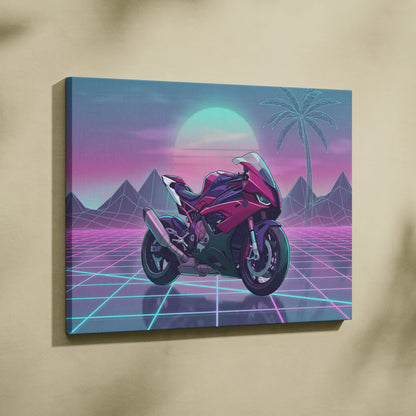 BMW S1000RR Inspired Pink Teal Motorcycle Canvas Wall Art Vaporwave Neon Grid Sportbike Artwork for Garage Decor Retro Futuristic Print