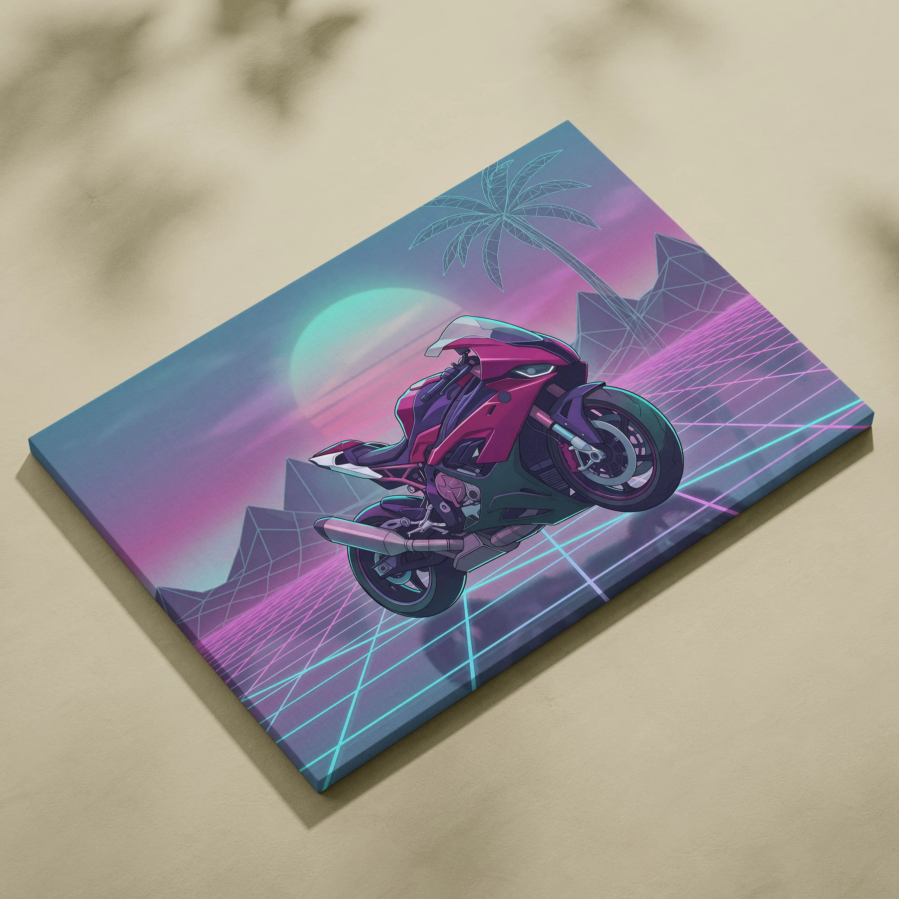 BMW S1000RR Inspired Pink Teal Motorcycle Canvas Wall Art Vaporwave Neon Grid Sportbike Artwork for Garage Decor Retro Futuristic Print