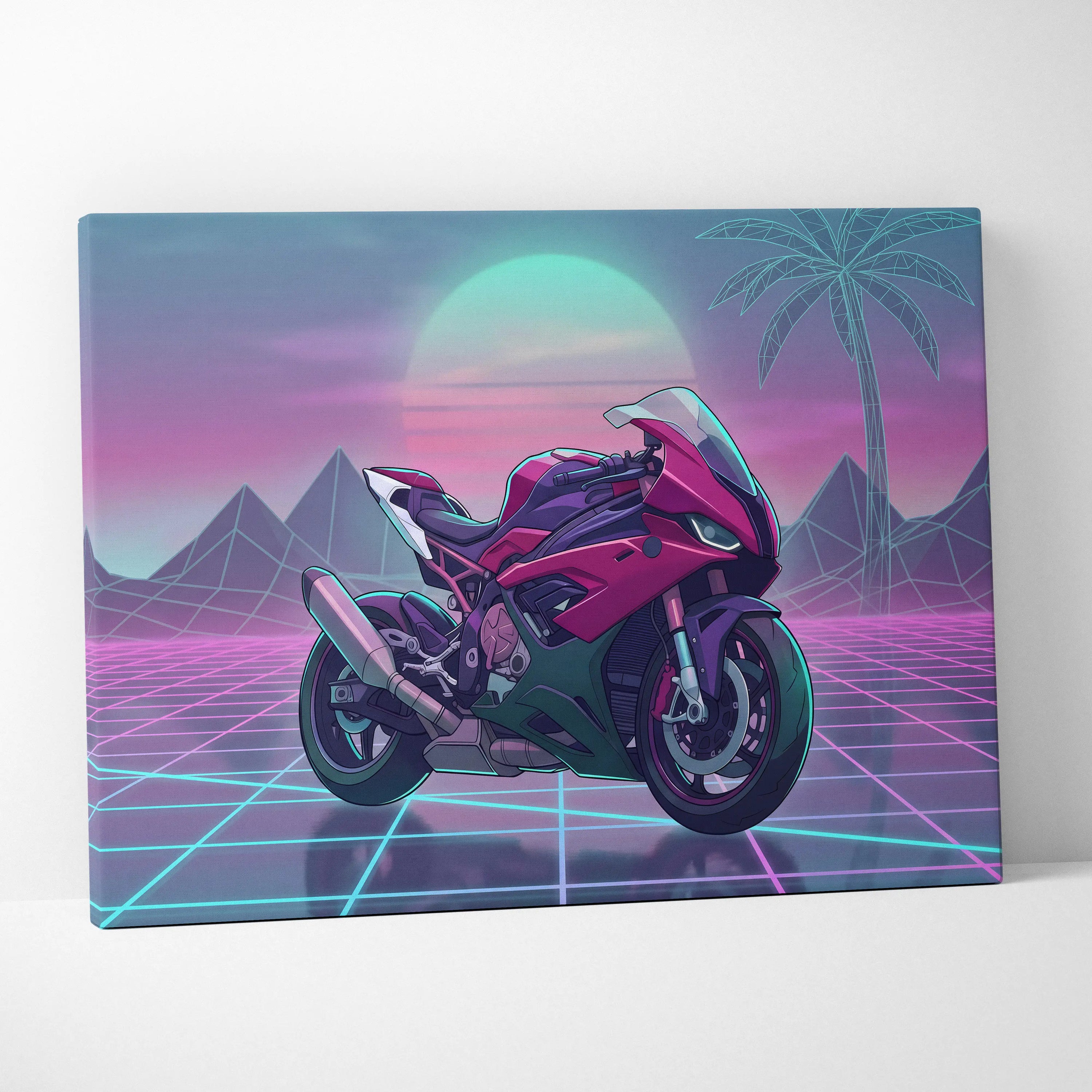 BMW S1000RR Inspired Pink Teal Motorcycle Canvas Wall Art Vaporwave Neon Grid Sportbike Artwork for Garage Decor Retro Futuristic Print