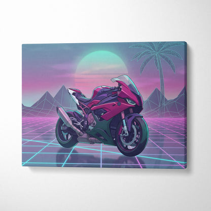 BMW S1000RR Inspired Pink Teal Motorcycle Canvas Wall Art Vaporwave Neon Grid Sportbike Artwork for Garage Decor Retro Futuristic Print