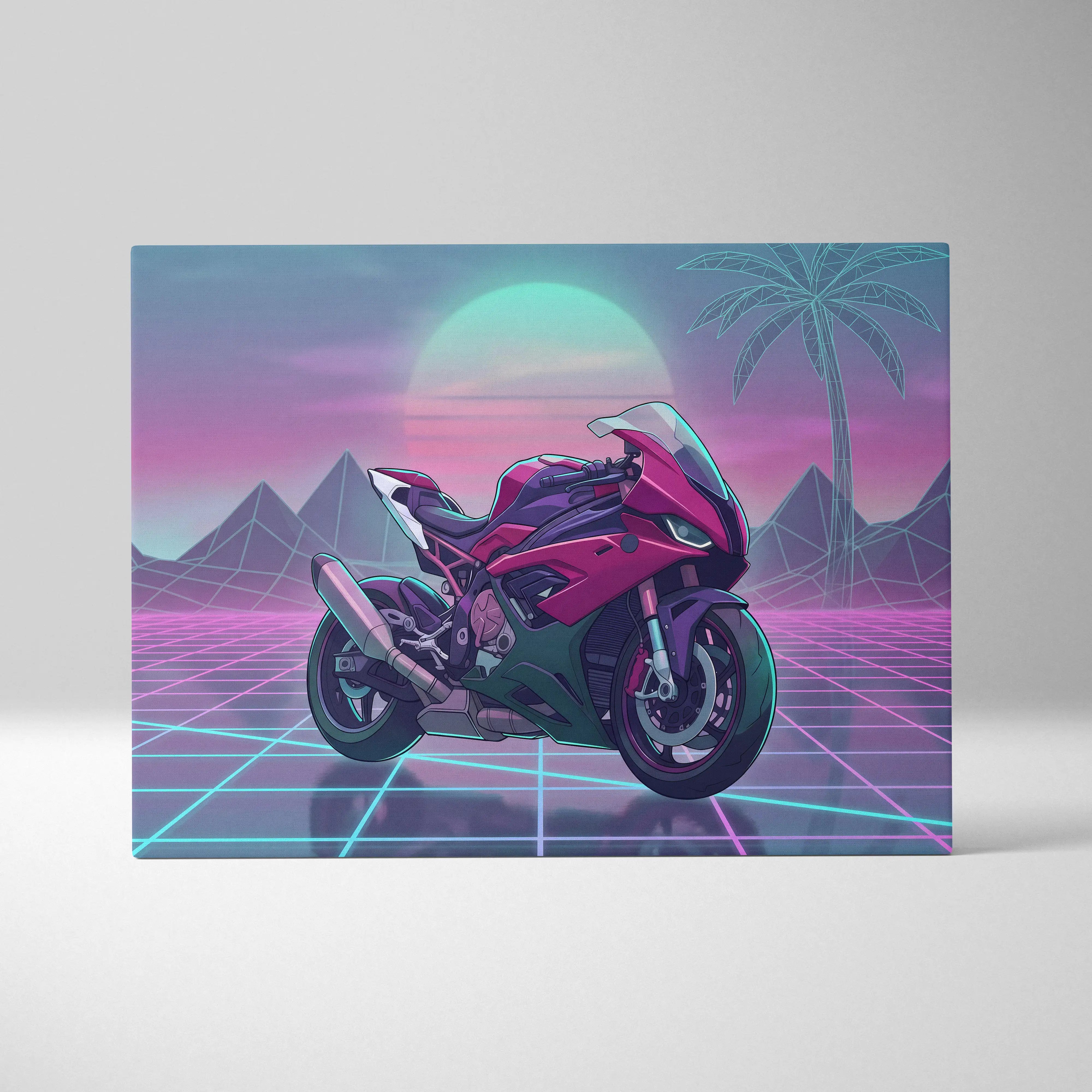 BMW S1000RR Inspired Pink Teal Motorcycle Canvas Wall Art Vaporwave Neon Grid Sportbike Artwork for Garage Decor Retro Futuristic Print