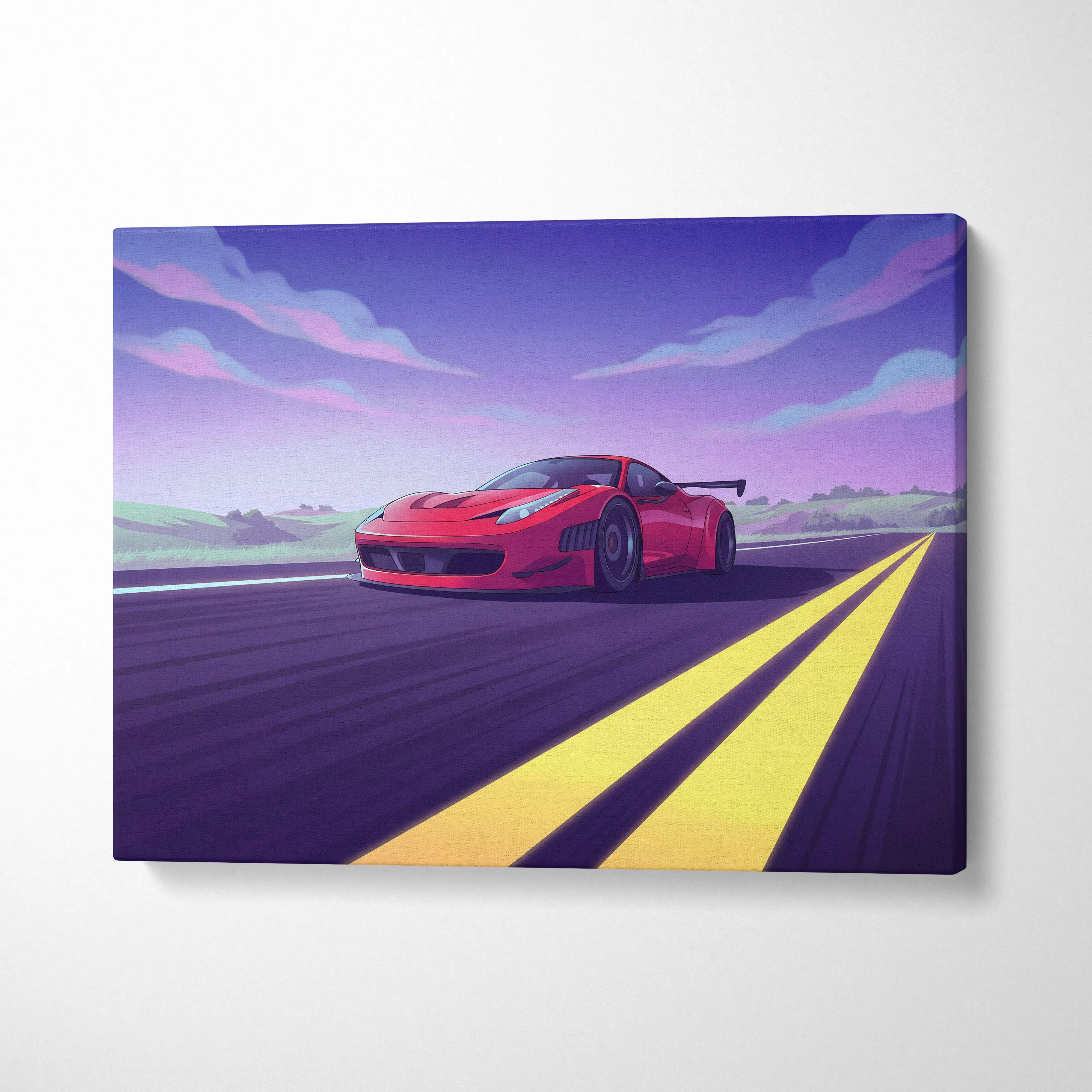 Vibrant red ferrari 458 italia inspired vaporwave sports car stylized illustration on stretched canvas wall art
