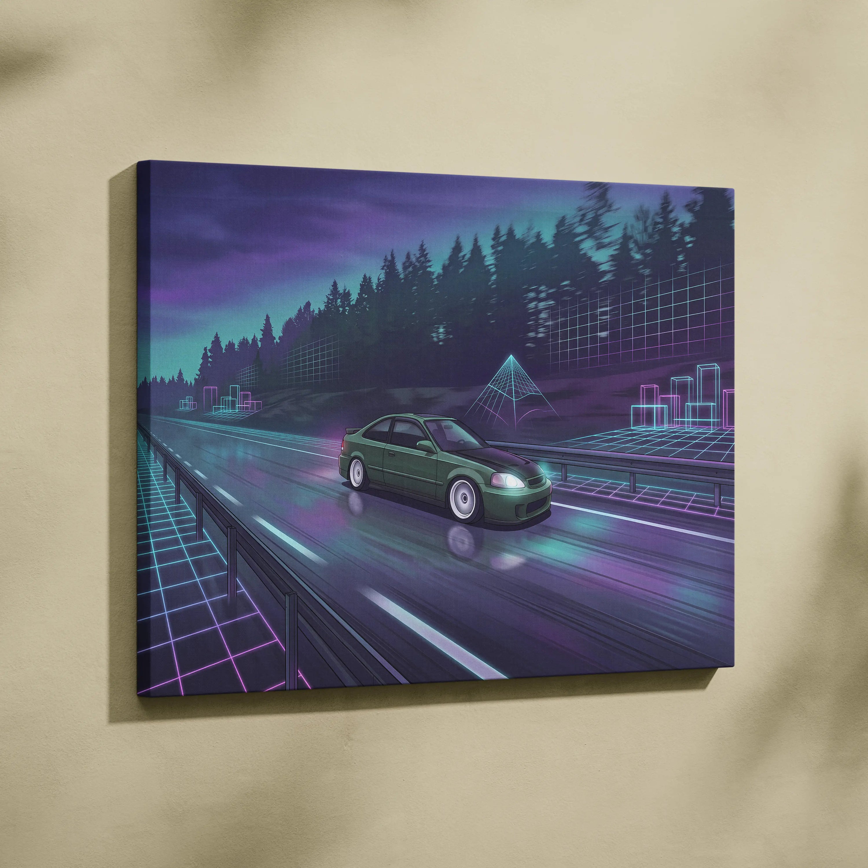 Honda Civic Inspired Vaporwave Car Canvas - Car Neon Purple Teal Living Room Vaporwave Nostalgic Mood Synthwave Wall Art Canvas Print