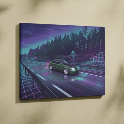 Honda Civic Inspired Vaporwave Car Canvas - Car Neon Purple Teal Living Room Vaporwave Nostalgic Mood Synthwave Wall Art Canvas Print