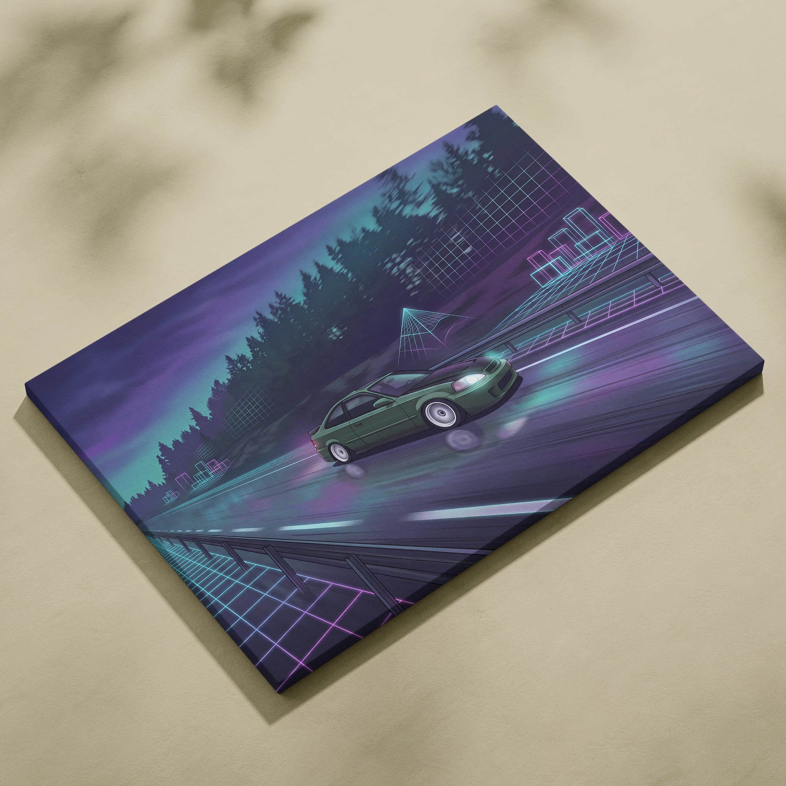 Honda Civic Inspired Vaporwave Car Canvas - Car Neon Purple Teal Living Room Vaporwave Nostalgic Mood Synthwave Wall Art Canvas Print