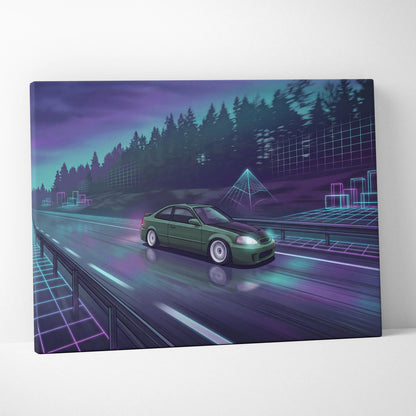 Honda Civic Inspired Vaporwave Car Canvas - Car Neon Purple Teal Living Room Vaporwave Nostalgic Mood Synthwave Wall Art Canvas Print