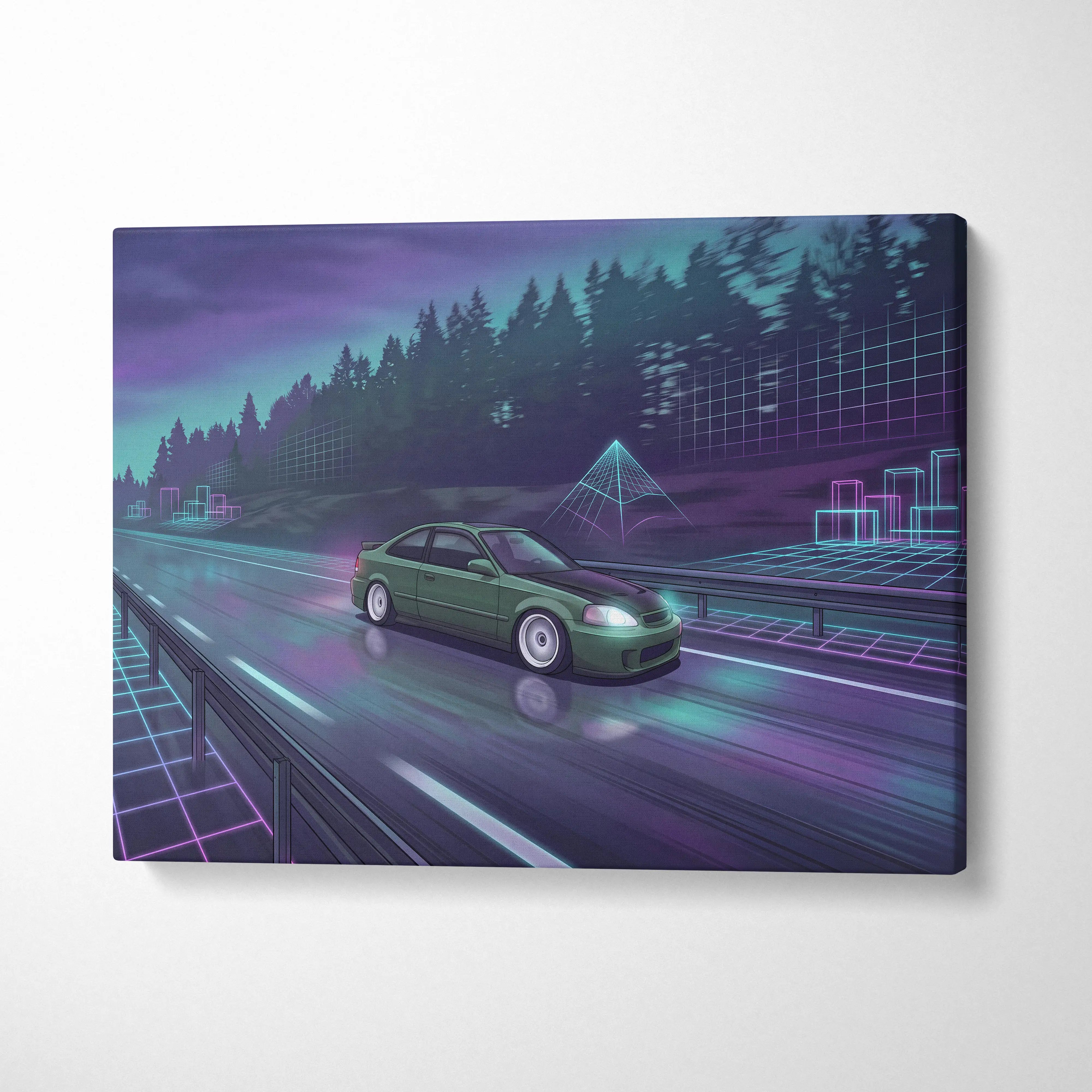 Honda civic inspired vaporwave car canvas print featuring a green sports car in neon purple teal cyberpunk style