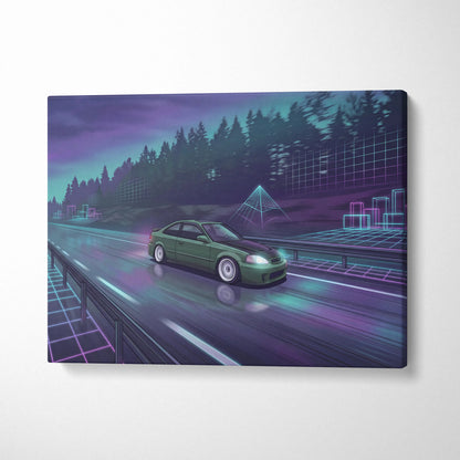 Honda Civic Inspired Vaporwave Car Canvas - Car Neon Purple Teal Living Room Vaporwave Nostalgic Mood Synthwave Wall Art Canvas Print
