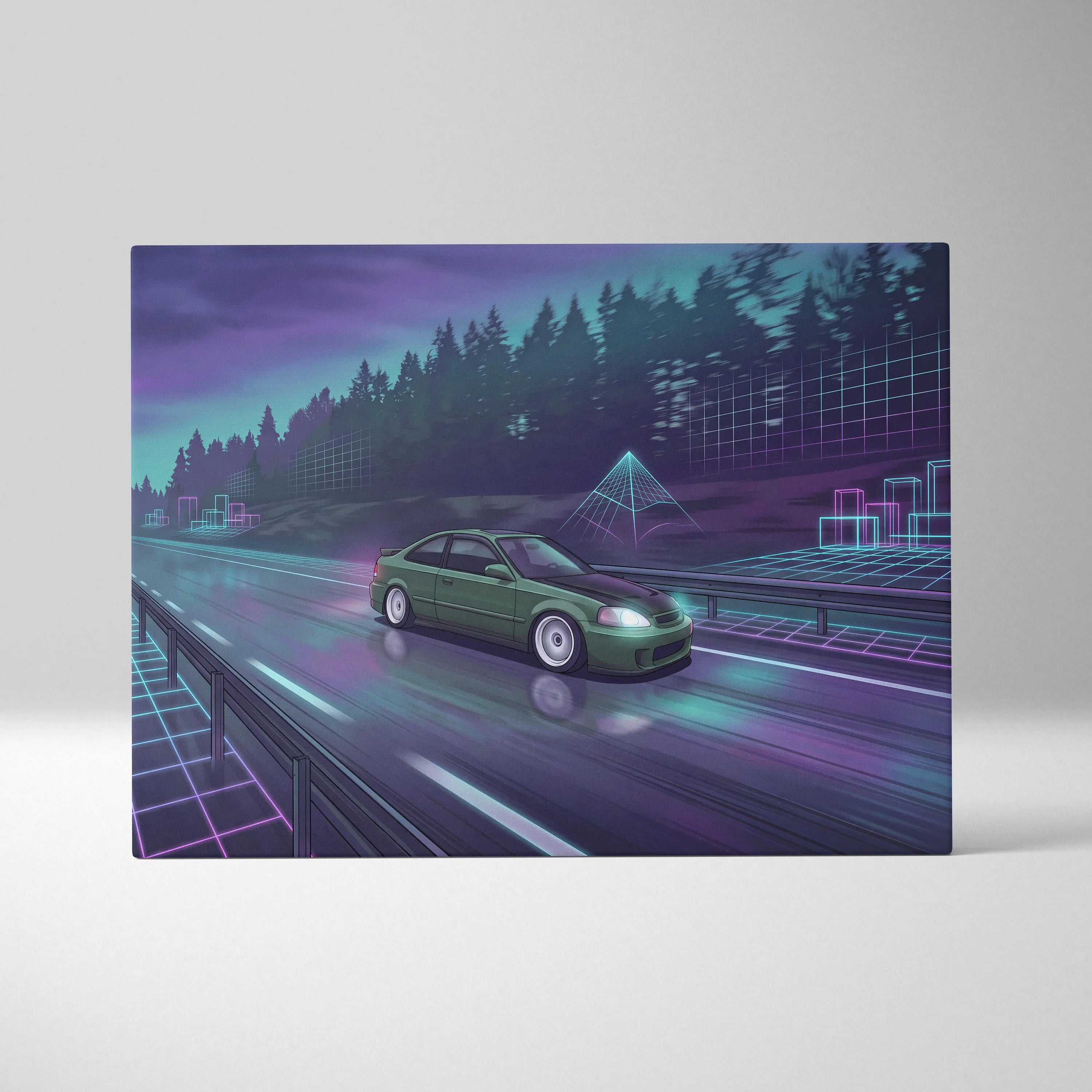 Honda Civic Inspired Vaporwave Car Canvas - Car Neon Purple Teal Living Room Vaporwave Nostalgic Mood Synthwave Wall Art Canvas Print