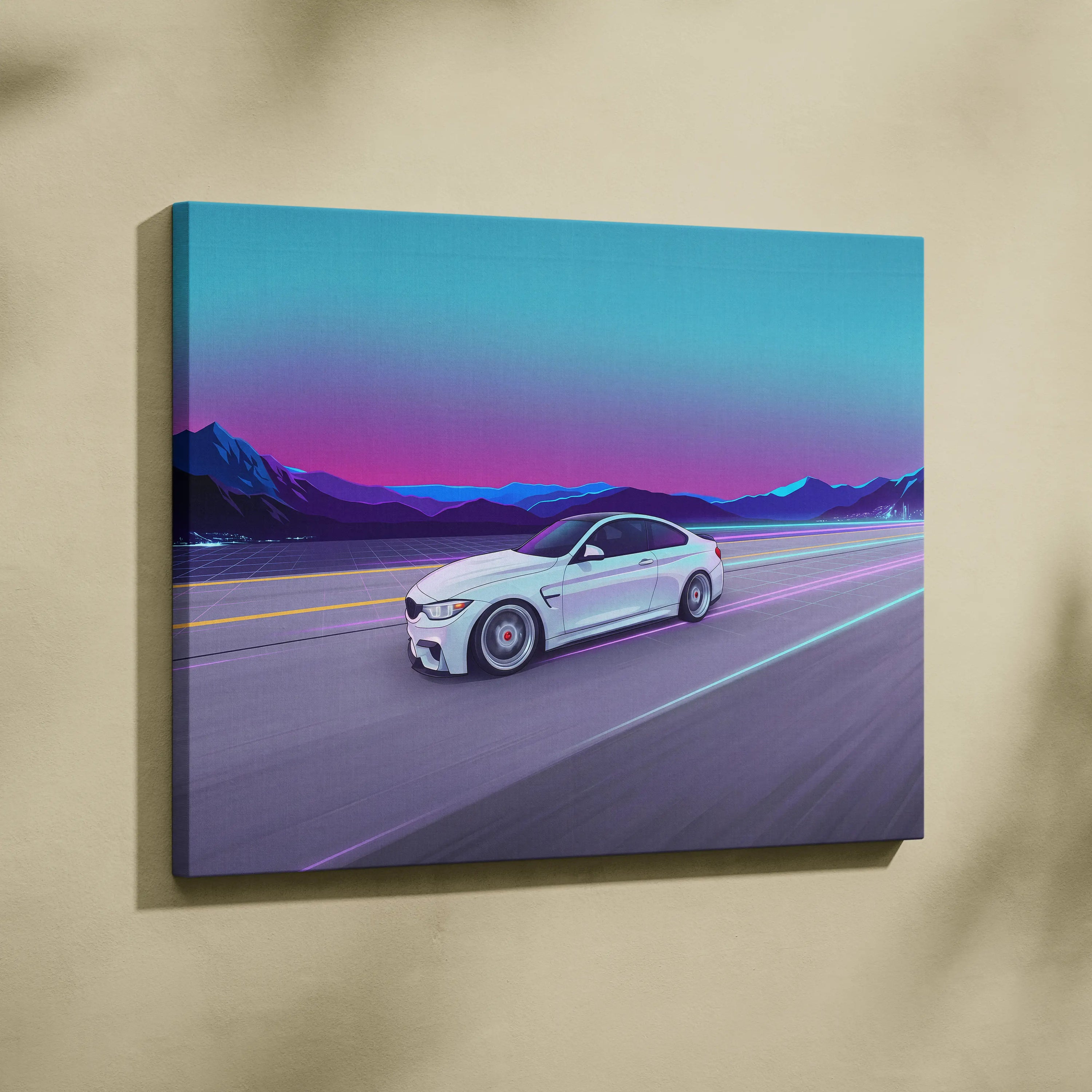 BMW M4 Inspired Vaporwave Car Canvas - Vaporwave Car Neon Pink Blue Living Retro Futurism Nostalgic Mood Neon Decor Wall Art Canvas